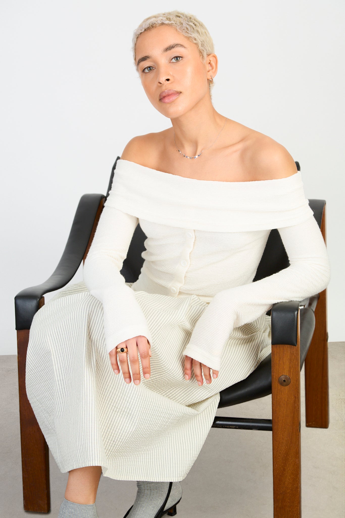 Ivory off shoulder button front top_5