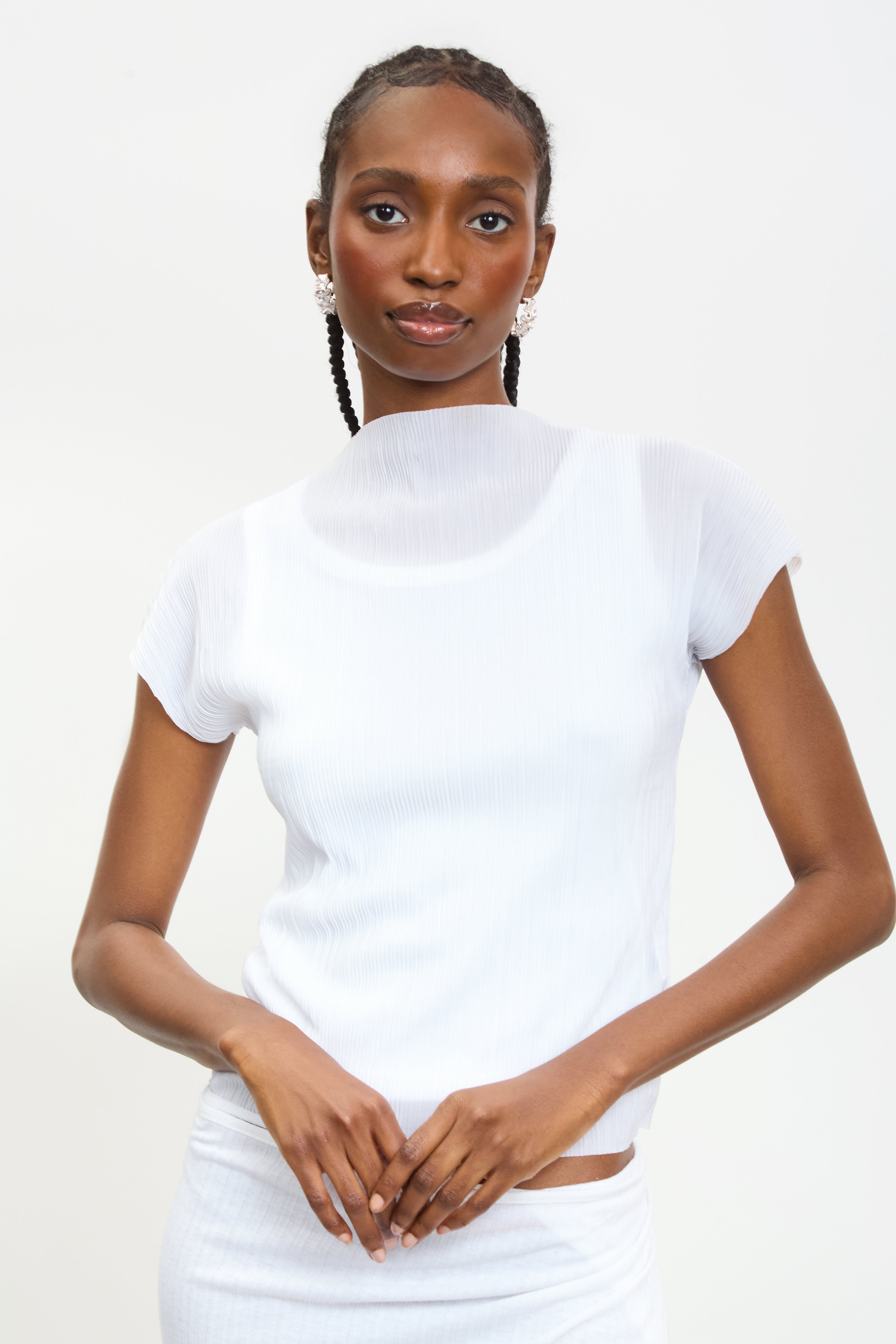 Ivory pleat ribbed short sleeved top_1