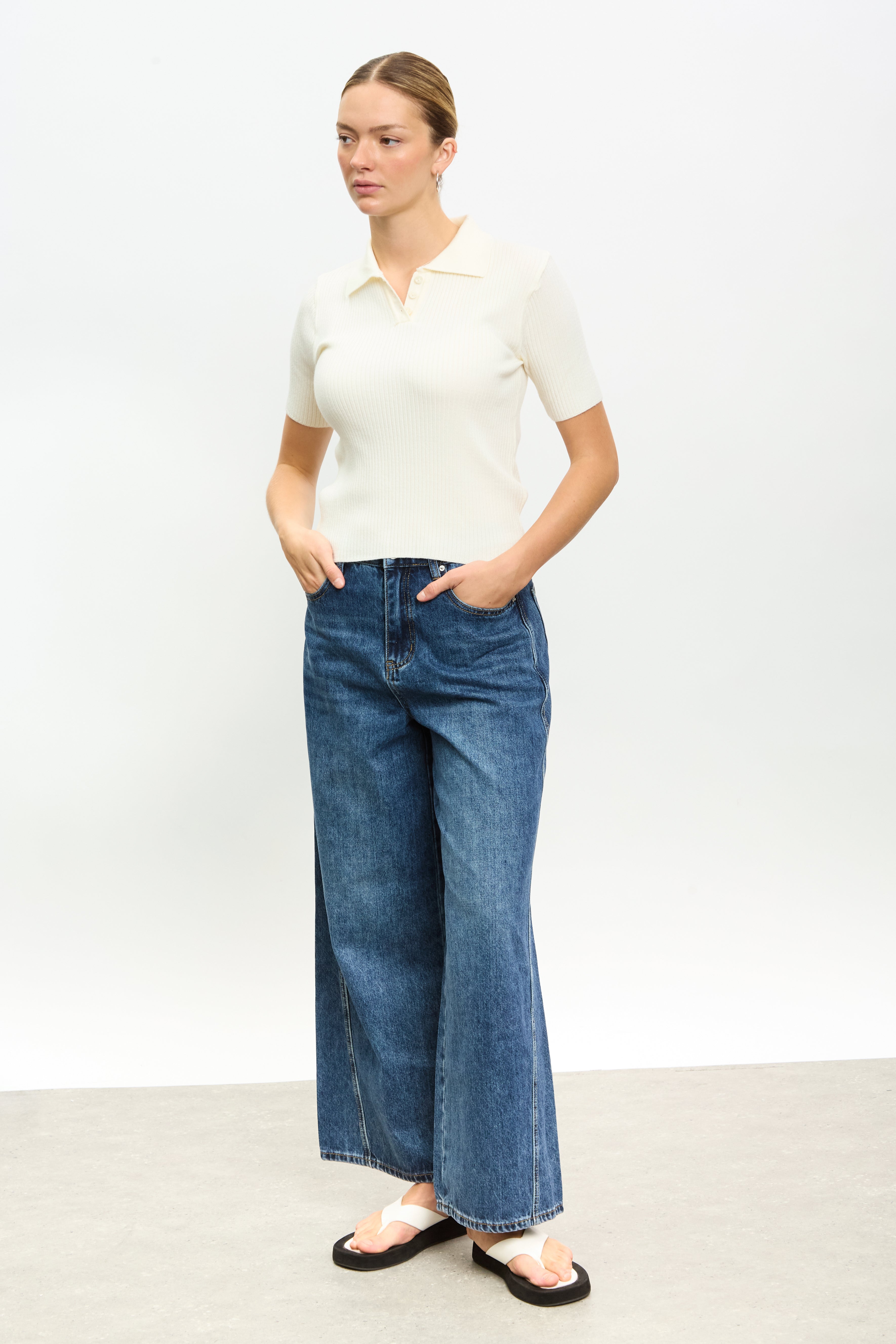 Ivory ribbed knit short sleeved polo_4