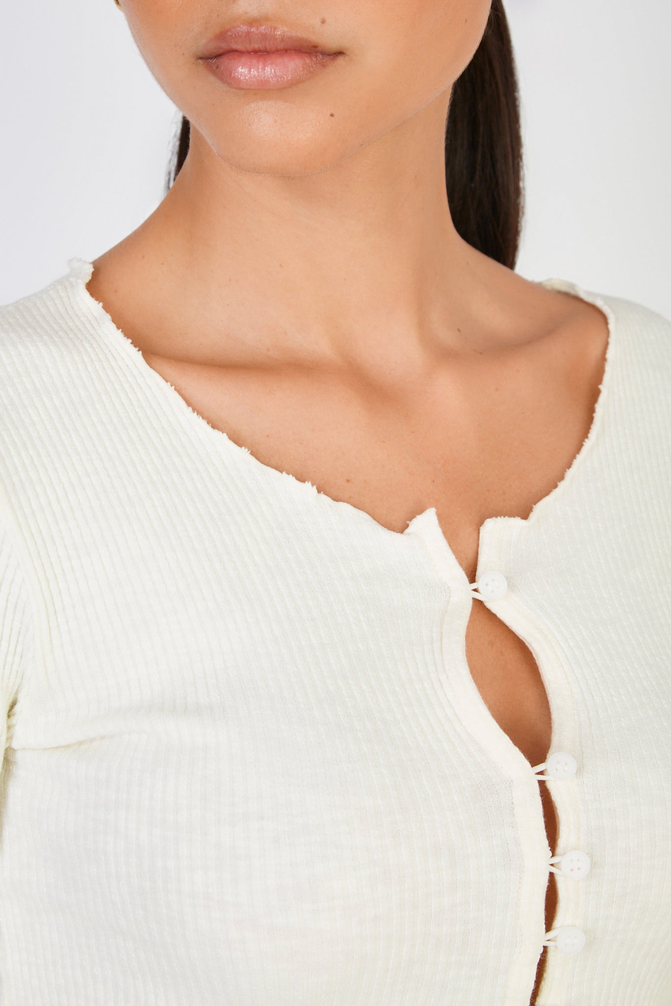 Ivory ribbed ruffle trim button front top_3