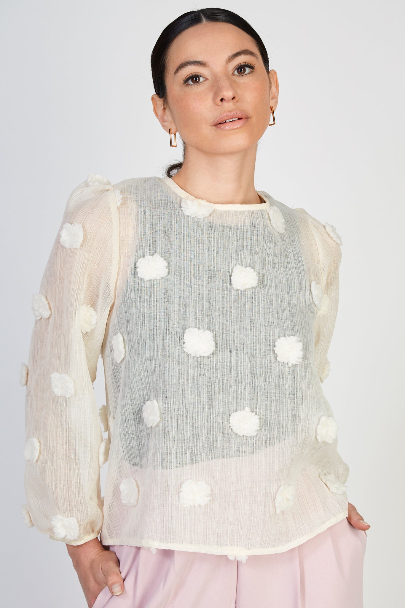 Ivory semi sheer tufted tie back blouse_1