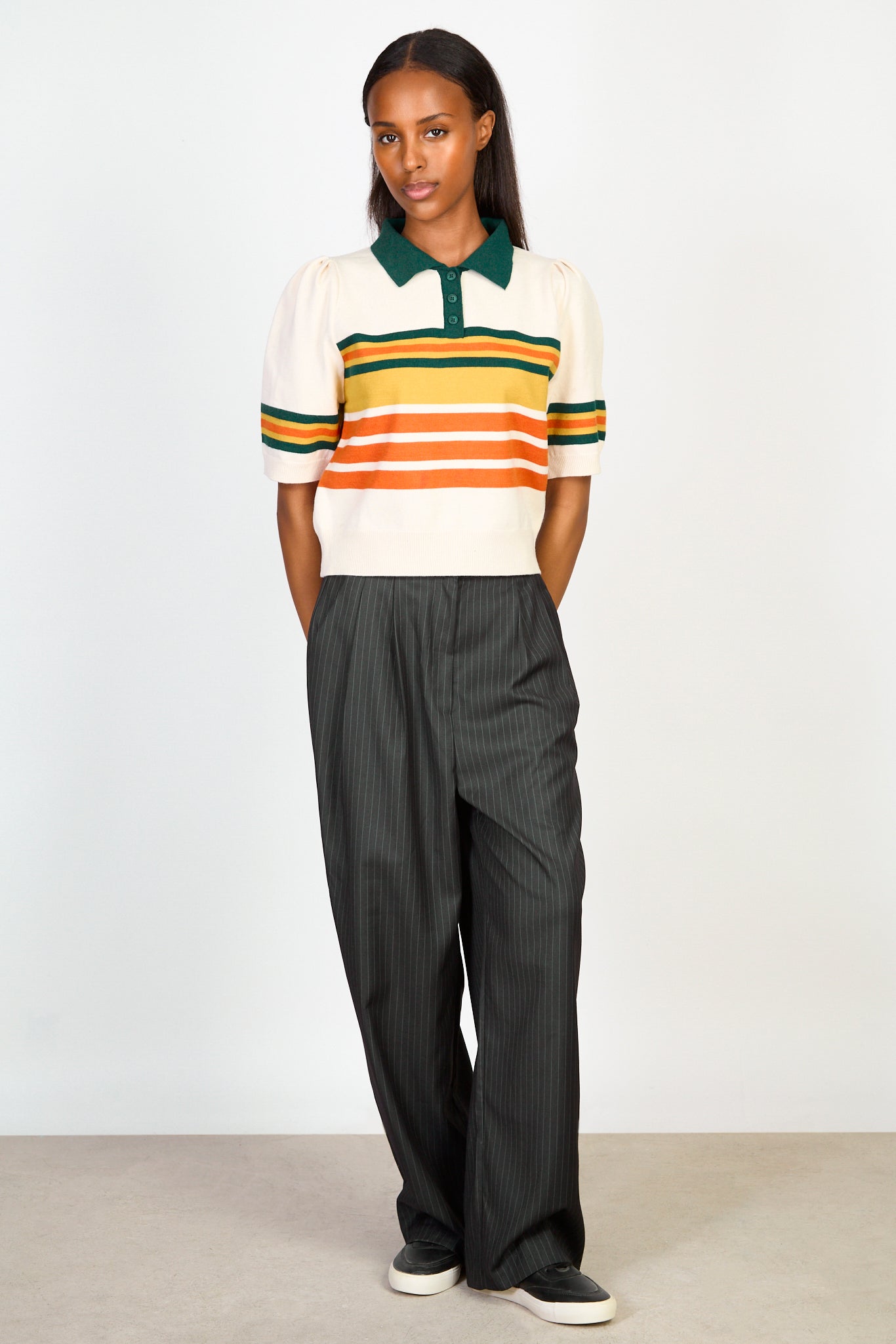 Ivory striped green collar knit tee_4
