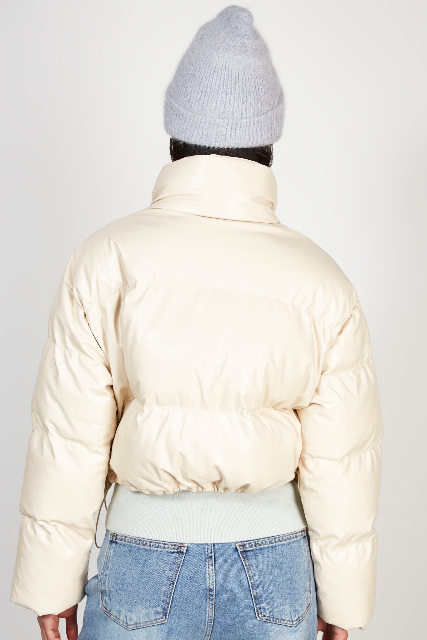 Ivory vegan leather puffer jacket