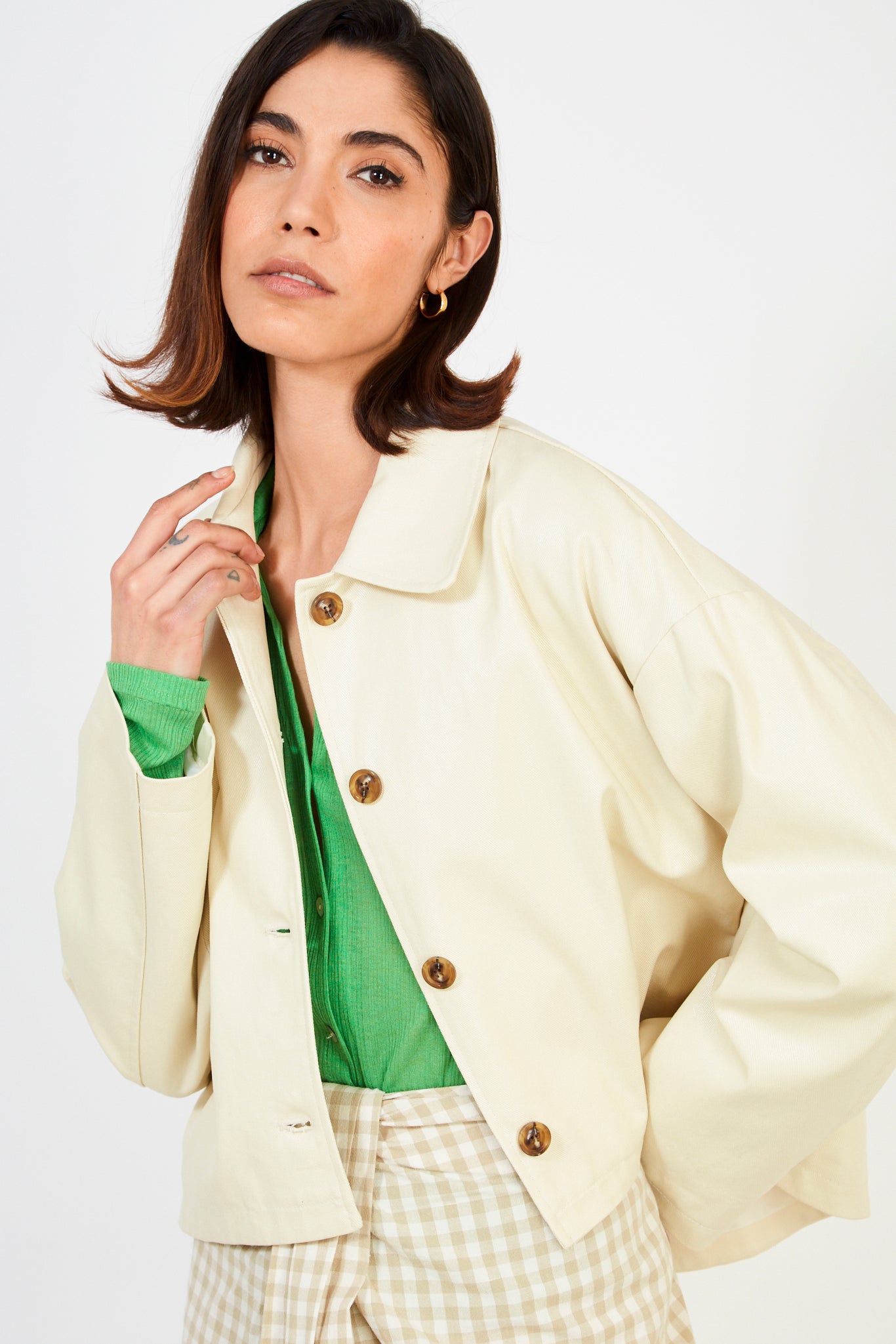 Ivory vegan leather short button up jacket_1