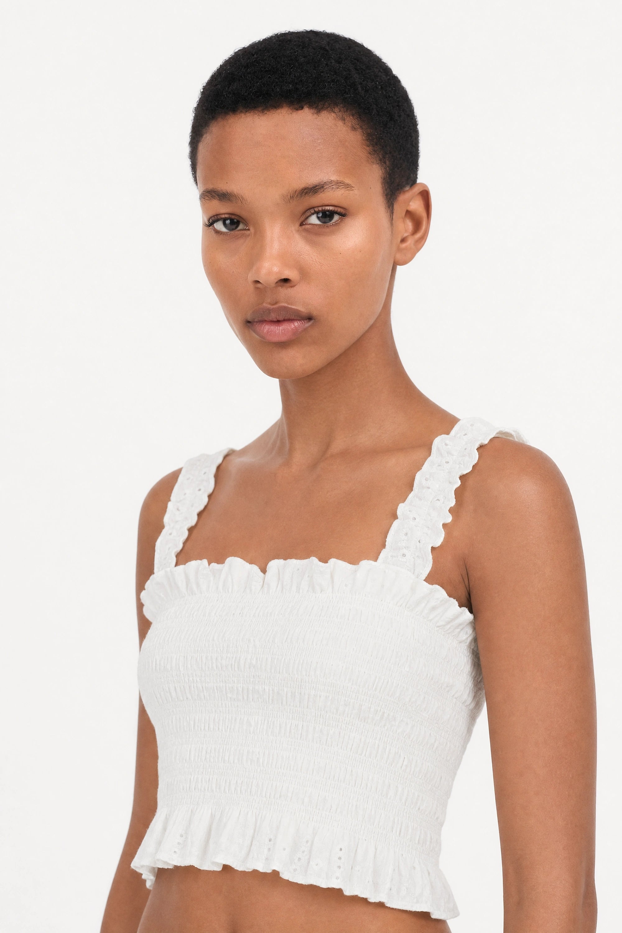 Ivory eyelet ruched tank top_1