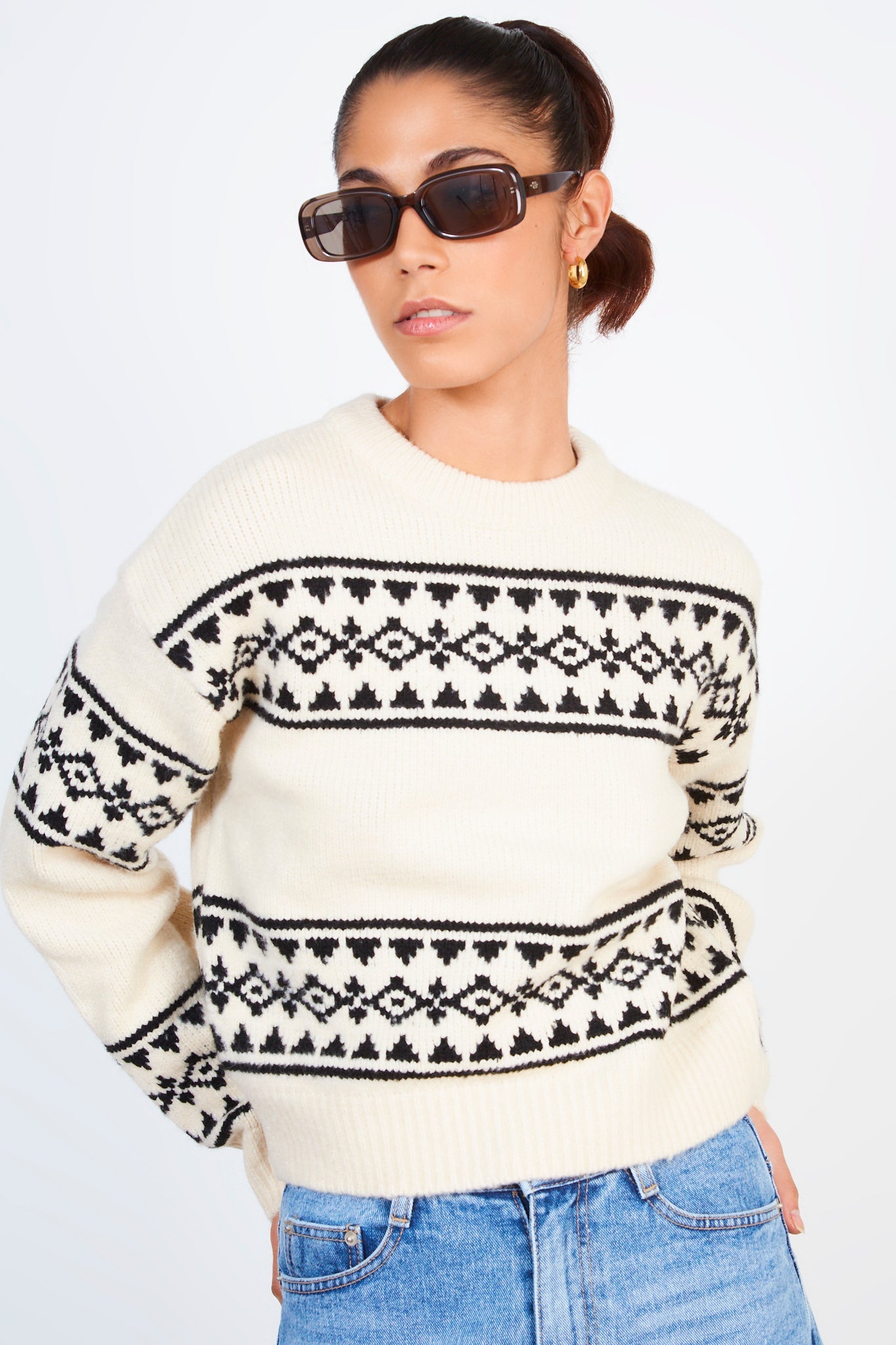 Ivory and black abstract diamond stripe jumper_1