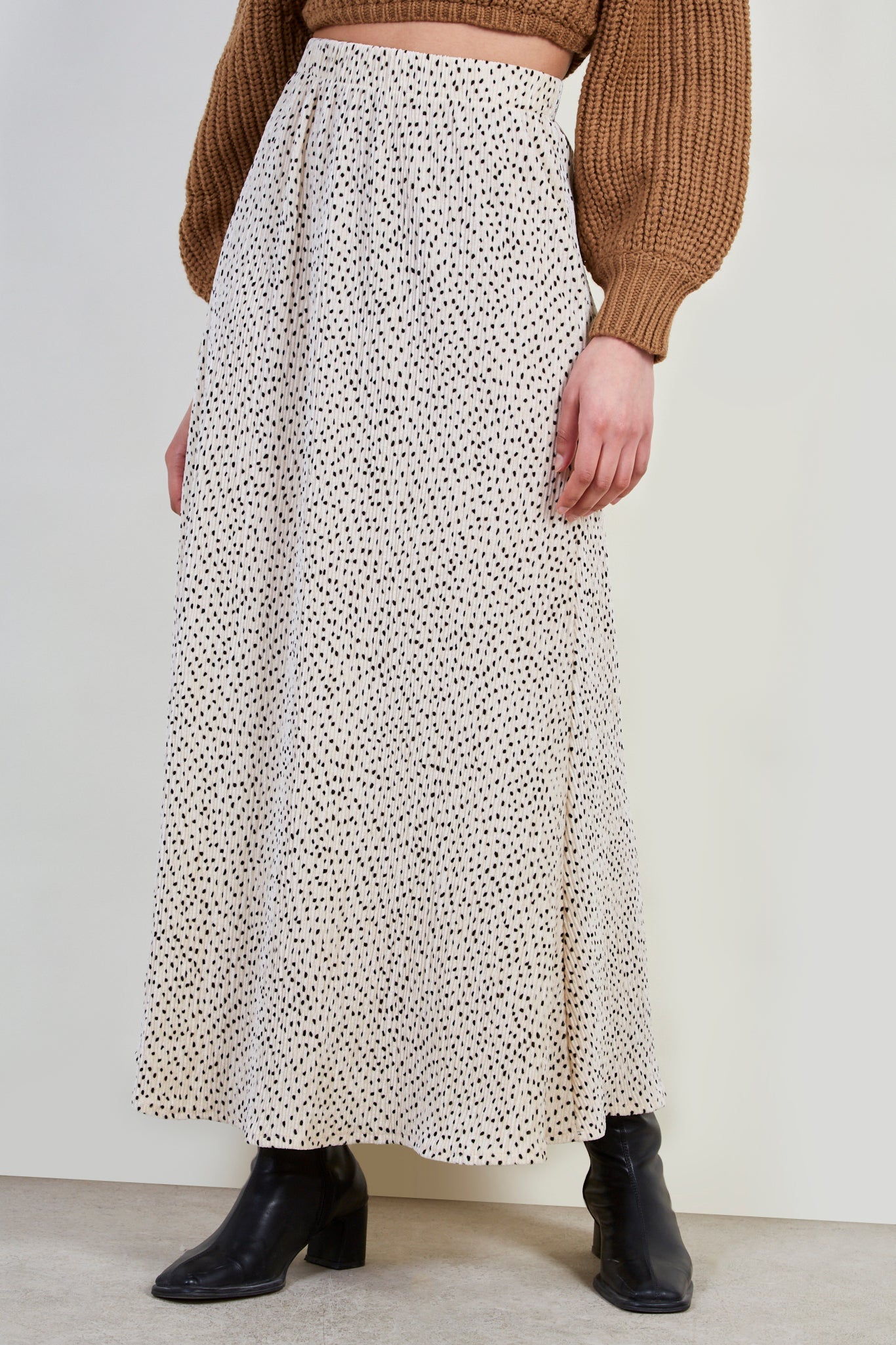 Ivory and black polka dot ribbed velvet maxi skirt_1