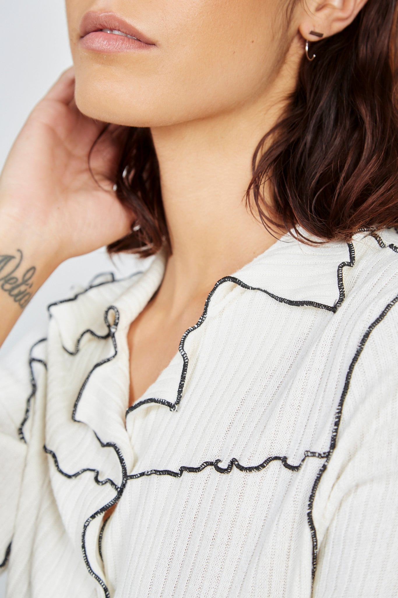 Ivory and black trim button up collar top_5