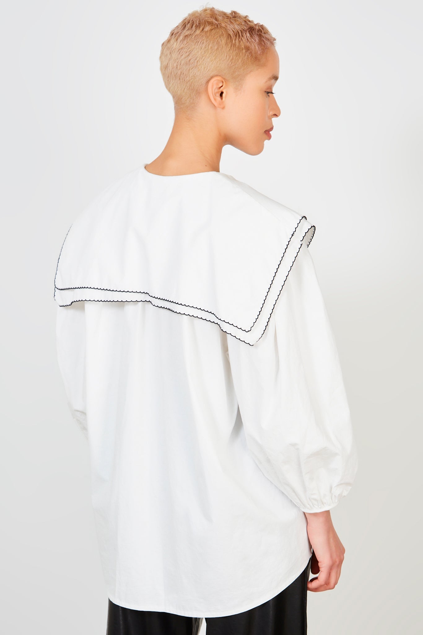 Ivory and black trim double giant collar blouse_2