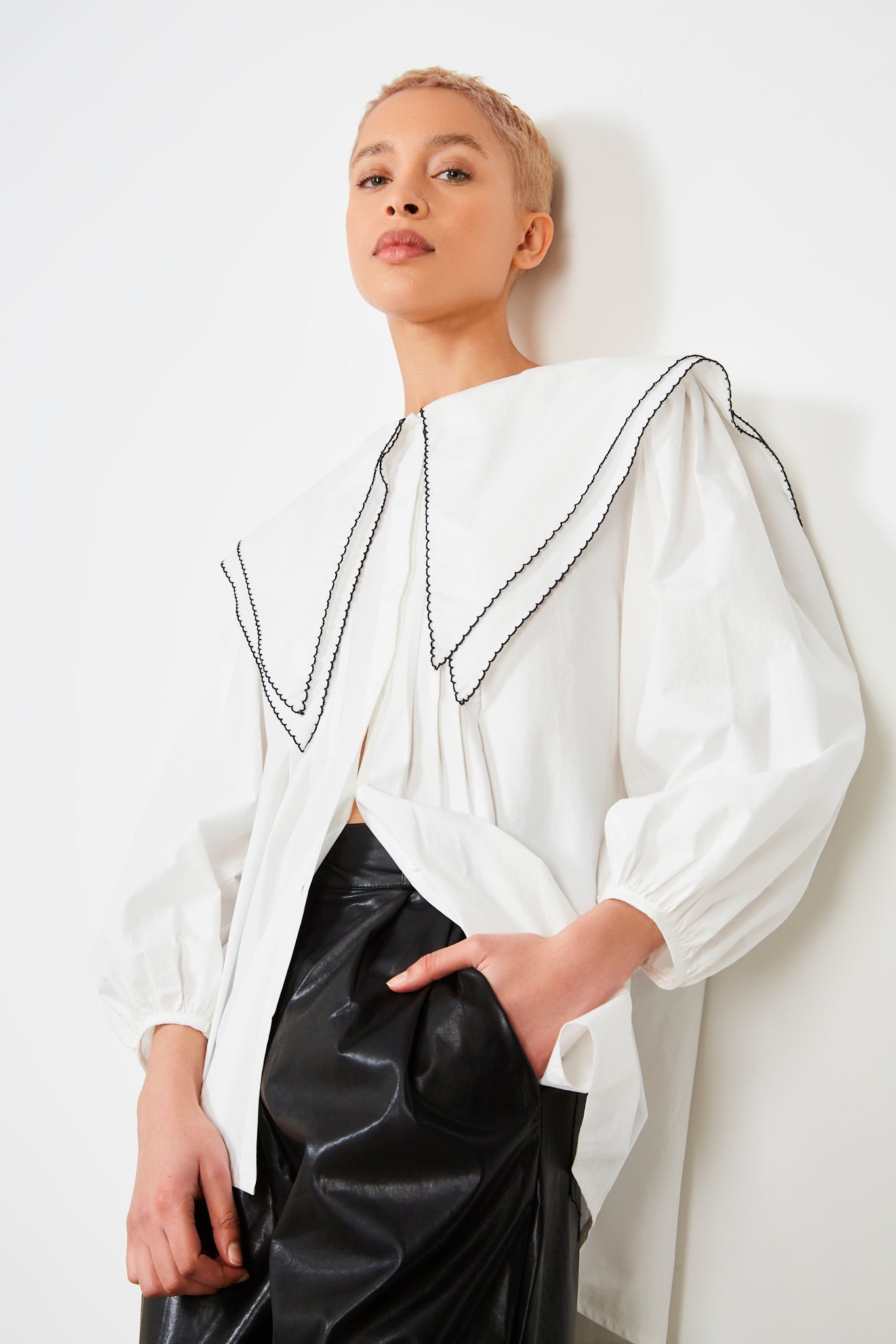 Ivory and black trim double giant collar blouse