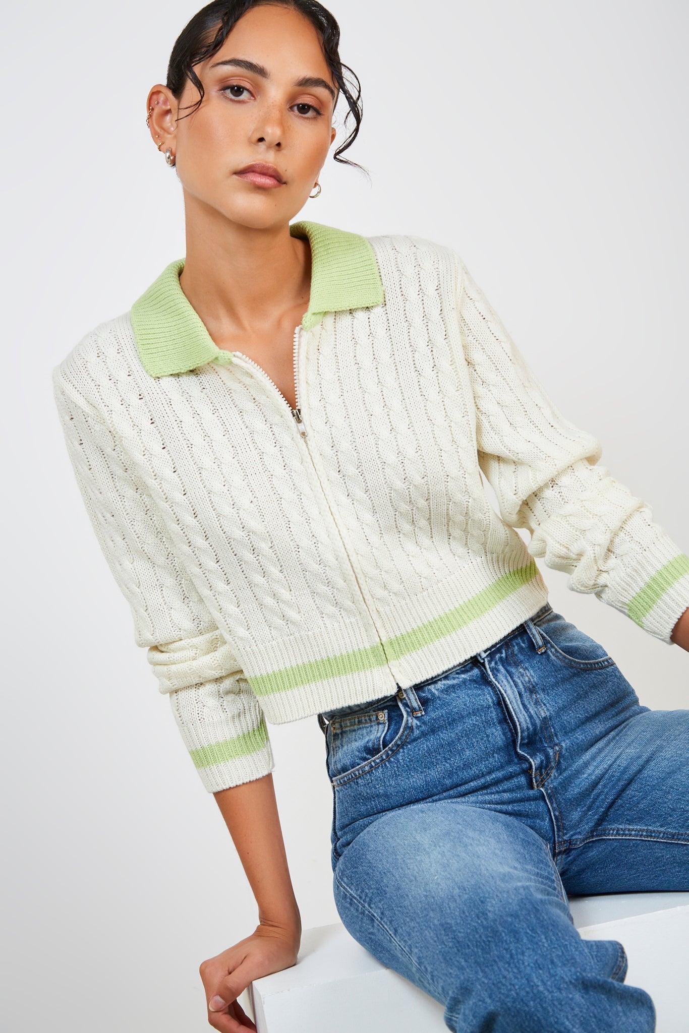 Ivory and lime green contrast collar zip cardigan_1