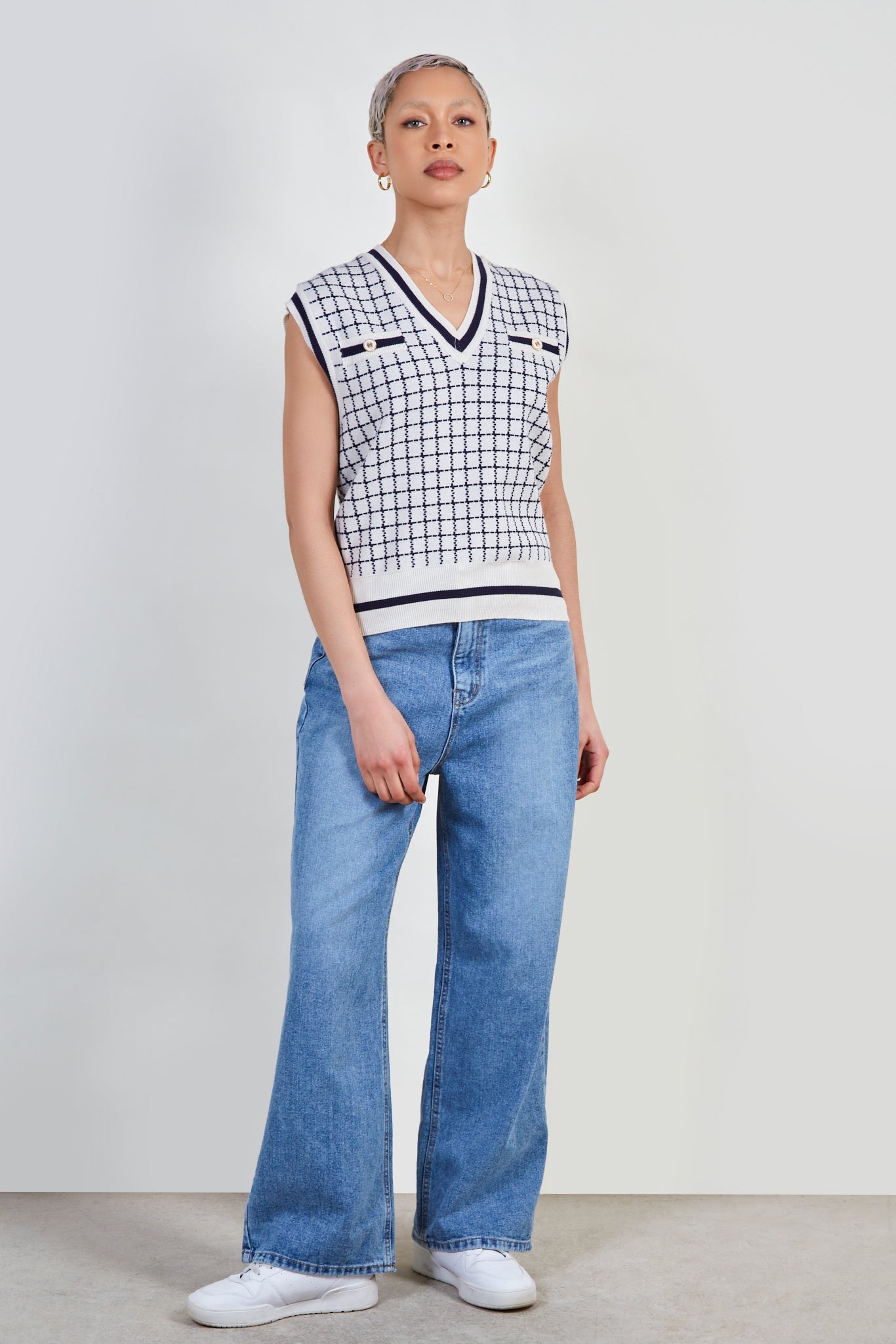 Ivory and navy box check sweater vest_2