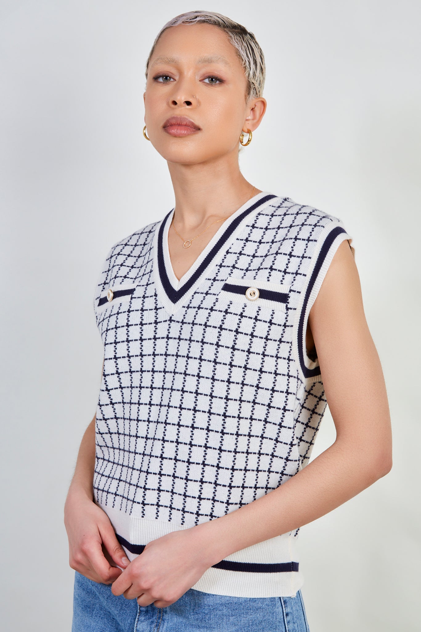 Ivory and navy box check sweater vest_1