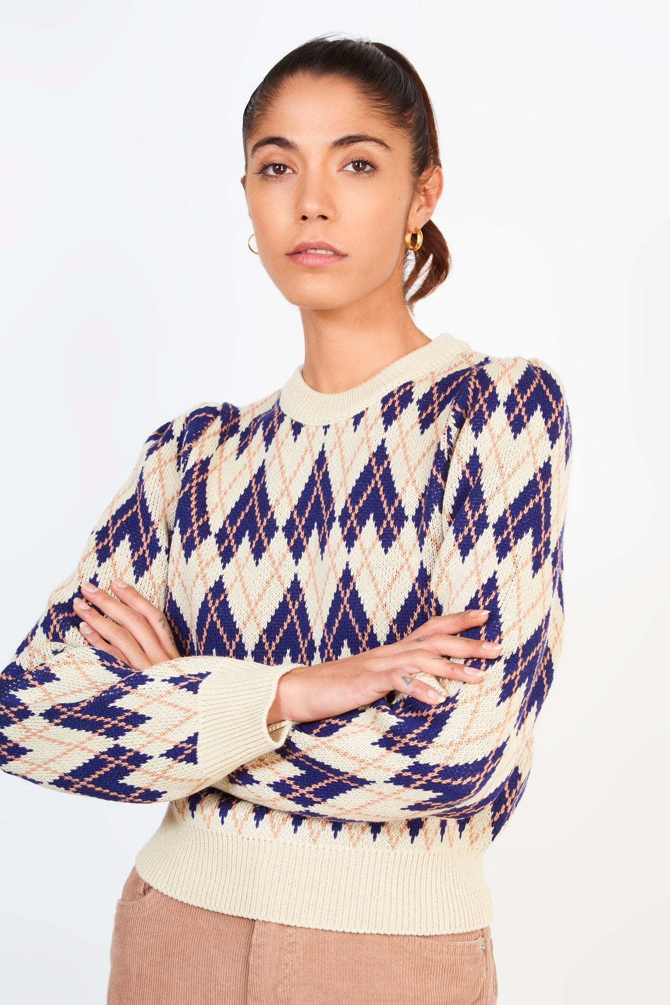 Ivory blue and camel diamond argyle jumper_1