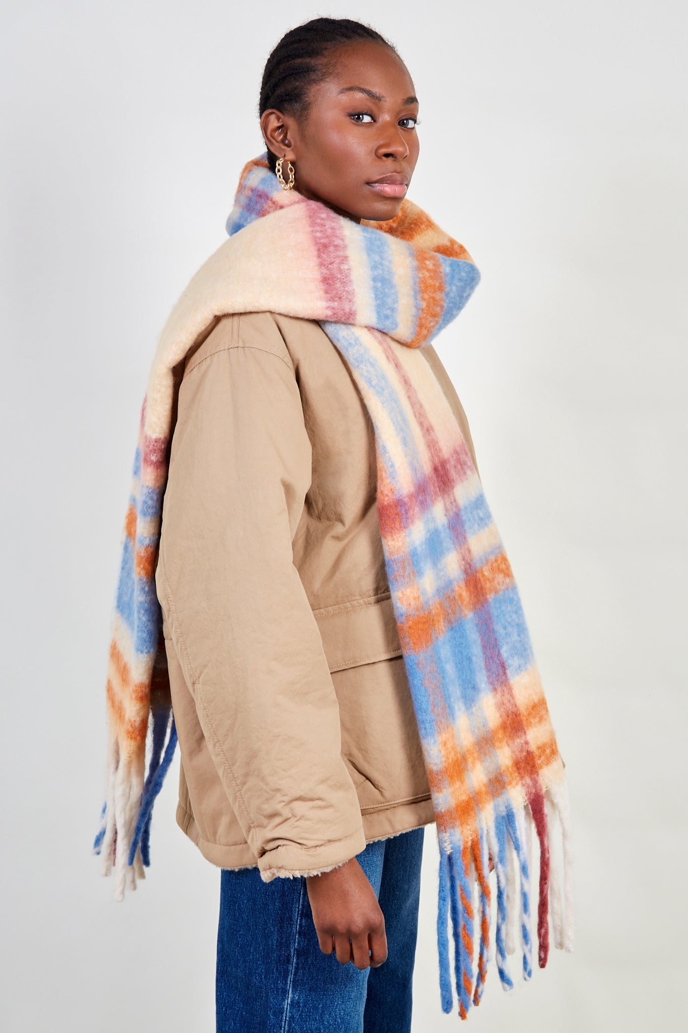 Ivory blue and orange checked scarf