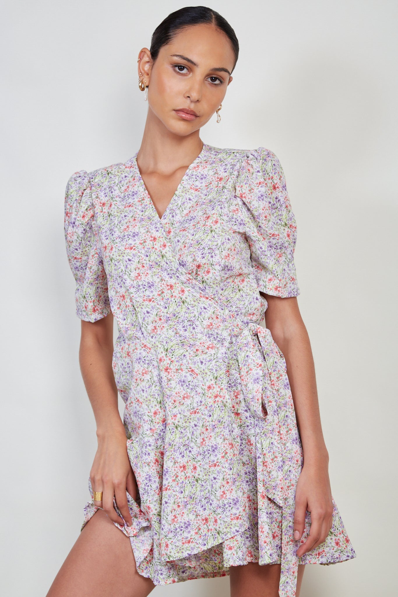 Ivory bright floral print side tie dress_1