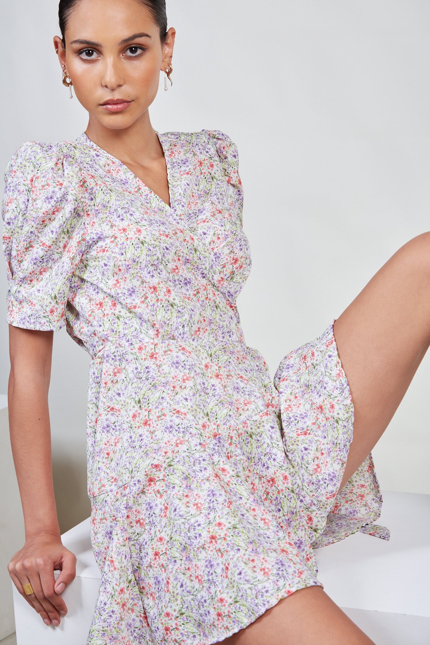 Ivory bright floral print side tie dress_2