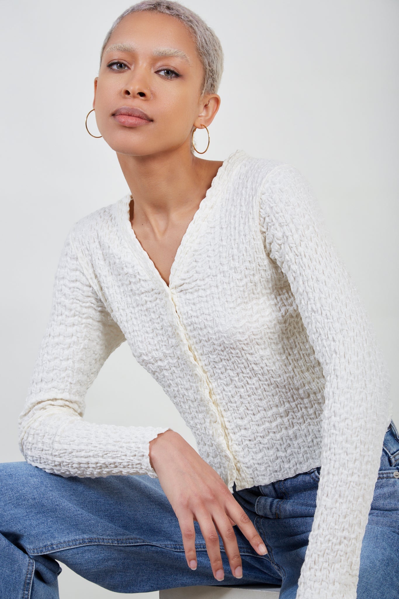 Ivory crinkled button up top_1