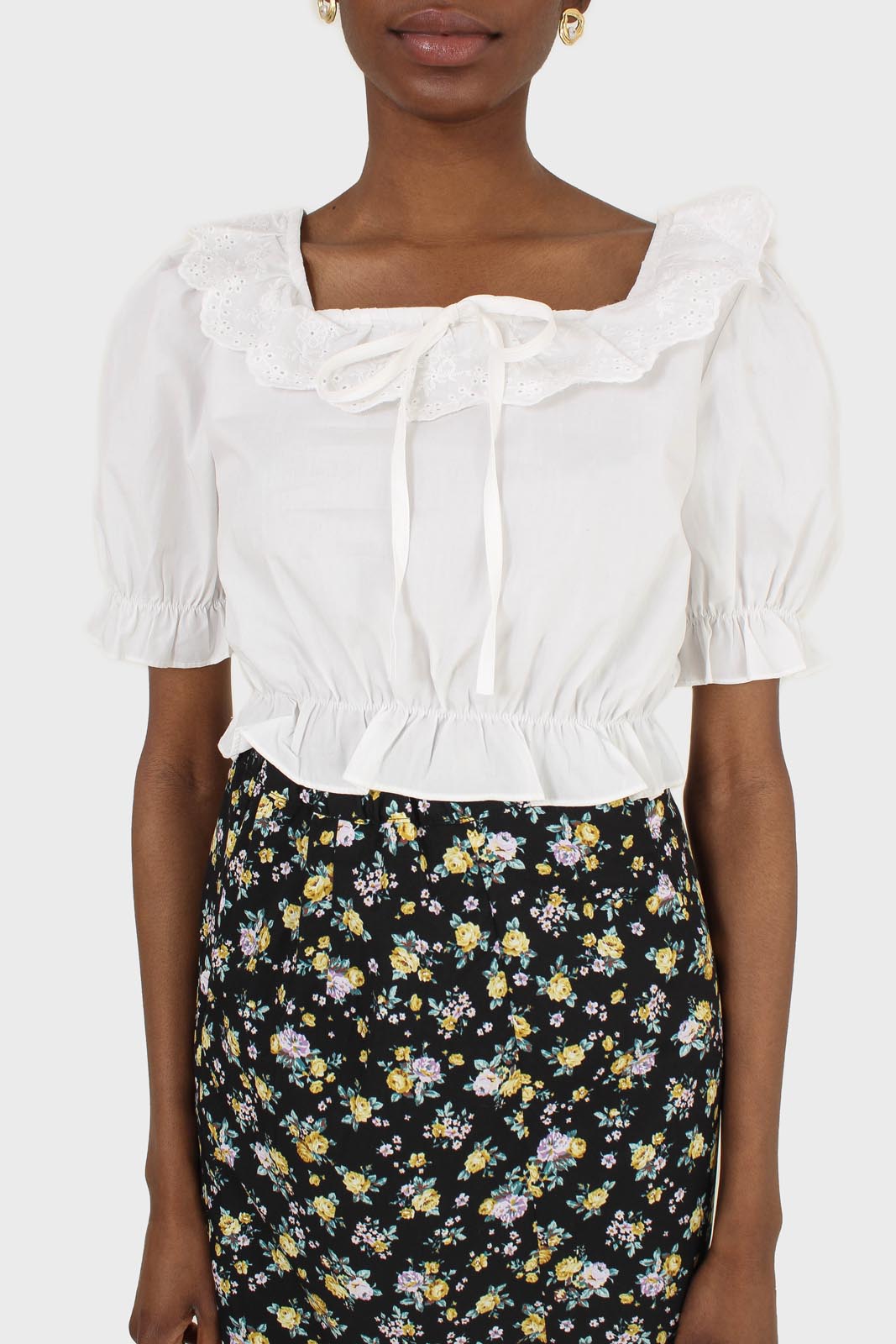 Ivory cropped puff sleeved broderie anglaise trim top_3