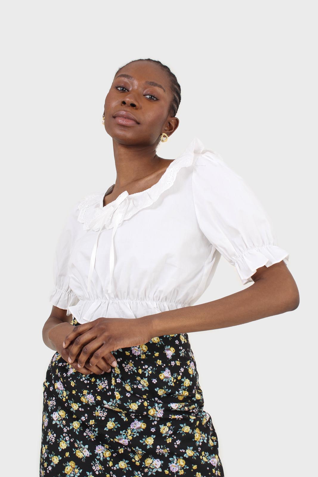 Ivory cropped puff sleeved broderie anglaise trim top_7