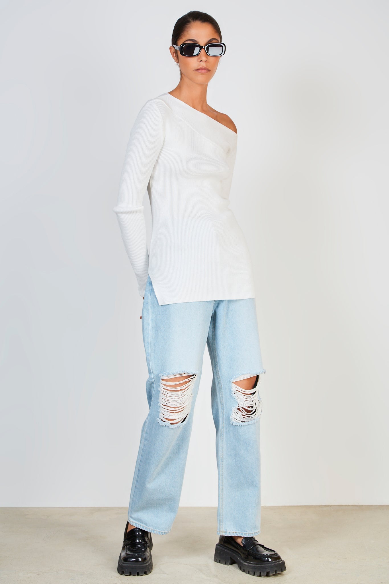 Ivory diagonal ribbed knit top_3