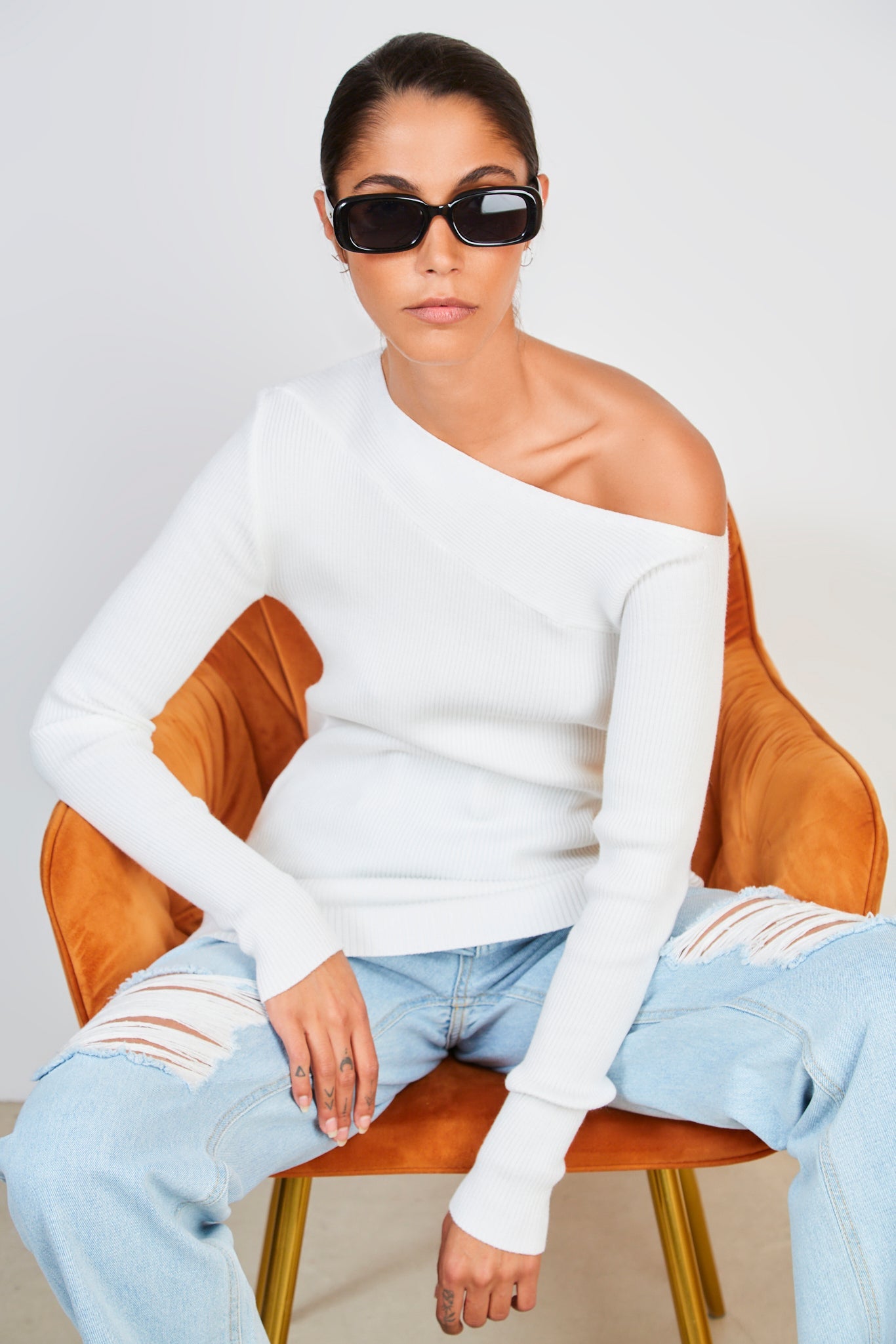 Ivory diagonal ribbed knit top_5