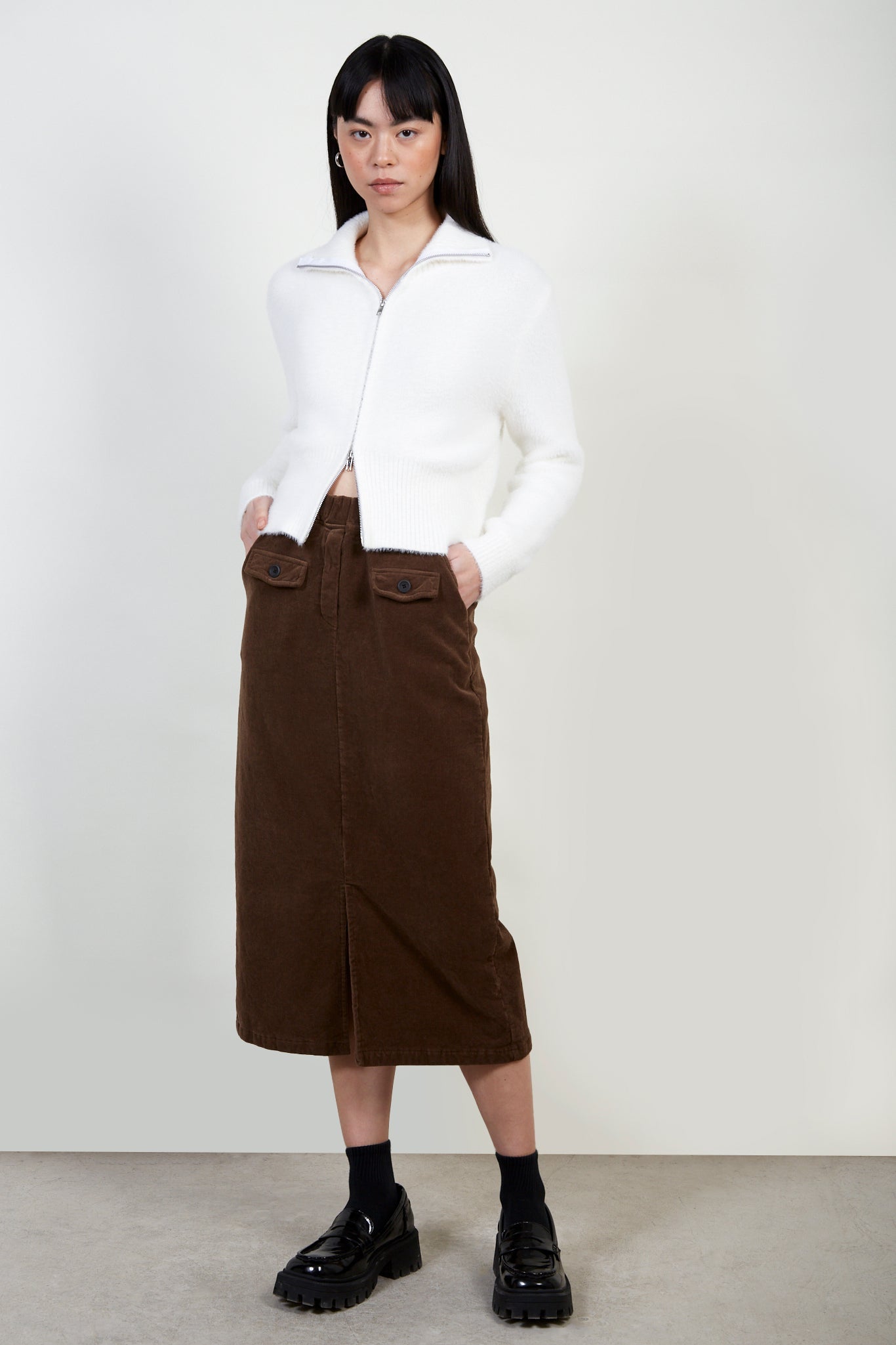 Ivory fuzzy mock neck zip cardigan_1