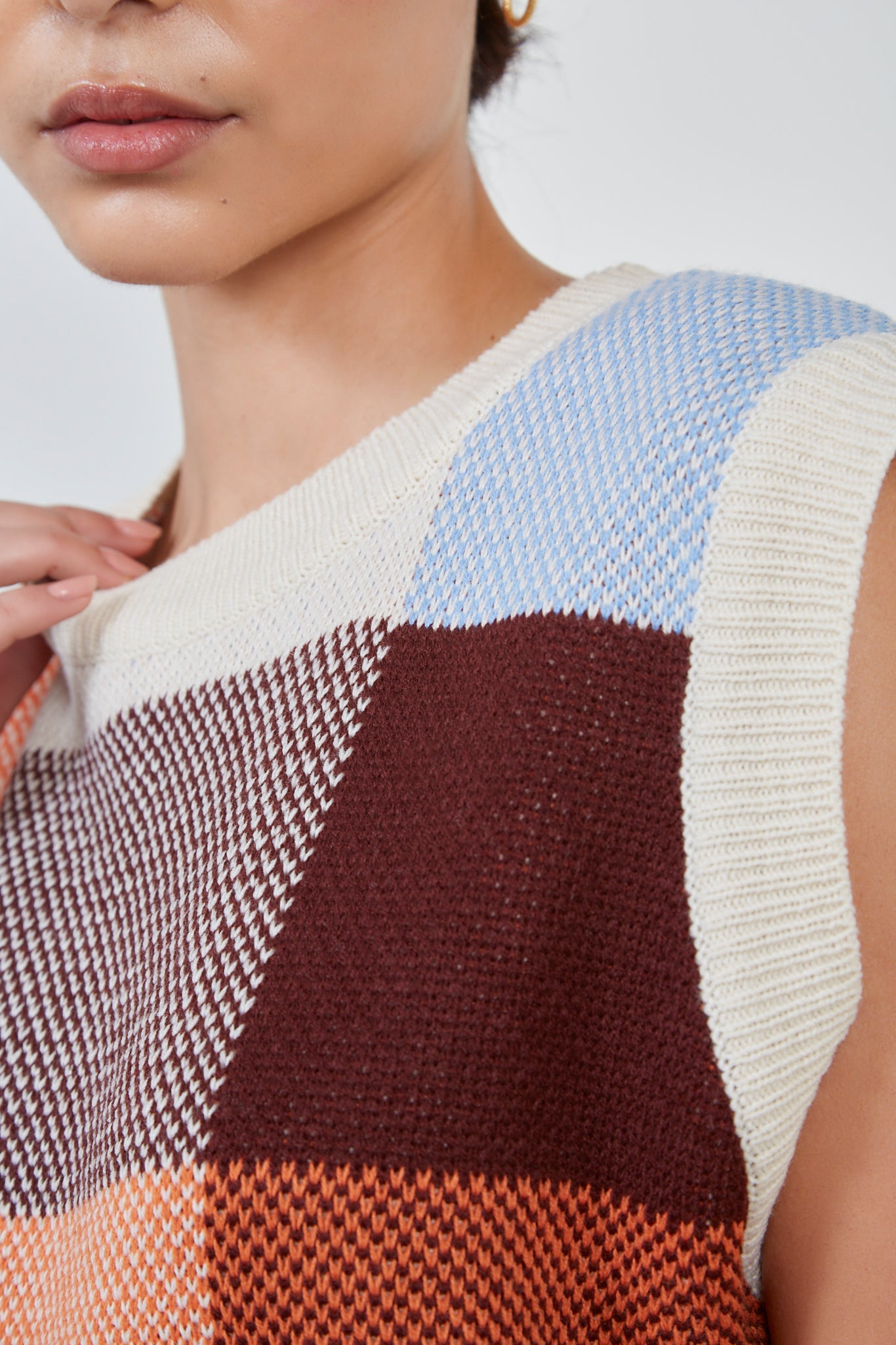 Ivory orange and blue giant check sweater vest_4