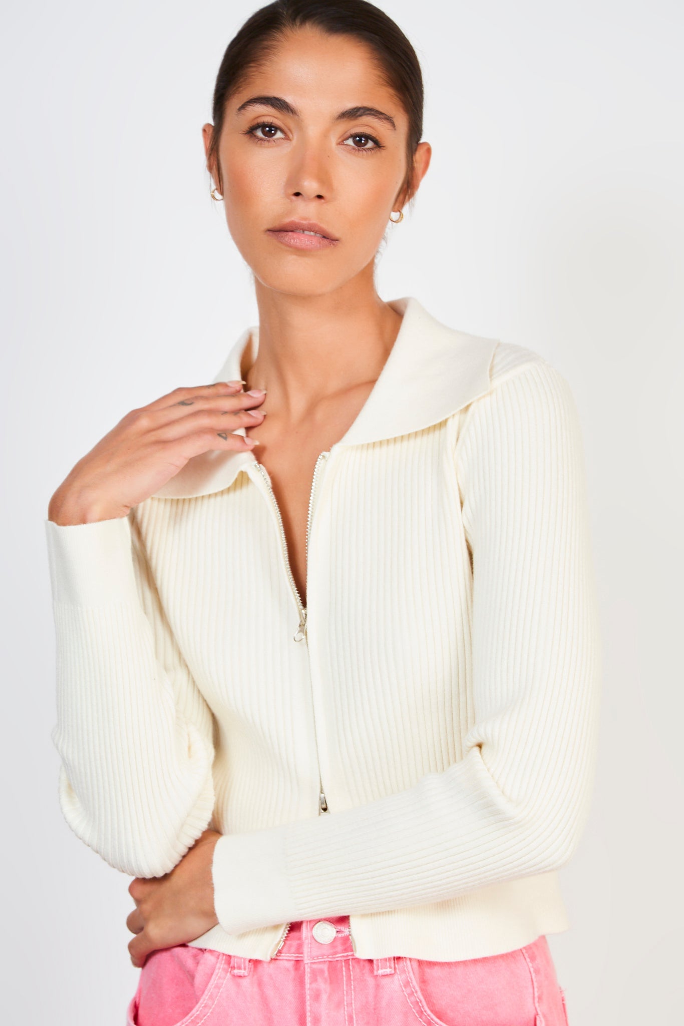 Ivory ribbed double zip cardigan_1