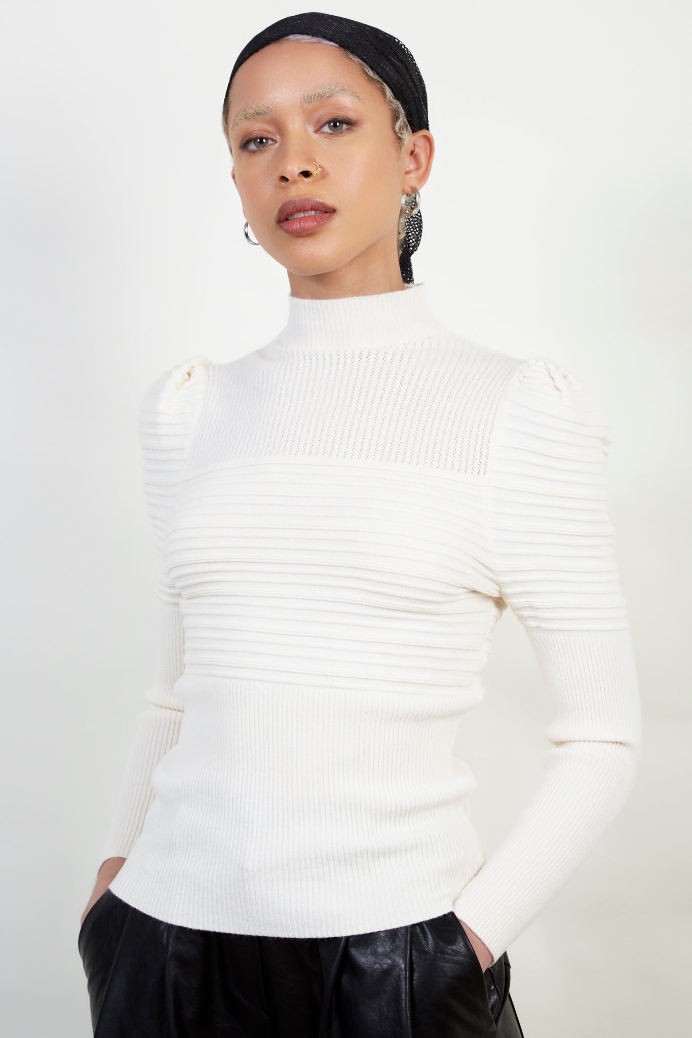 Ivory ribbed puff sleeve knit top_1
