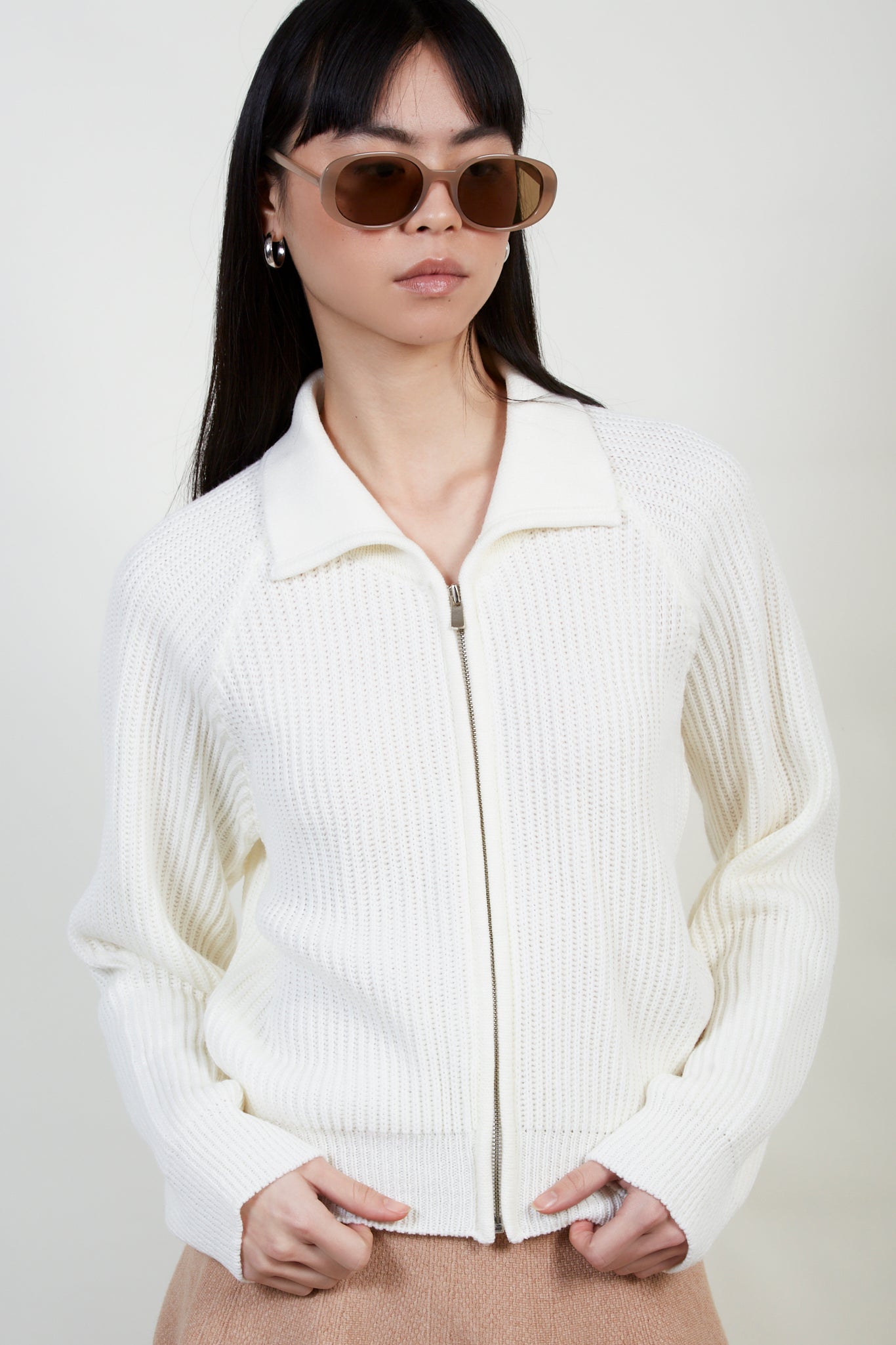 Ivory ribbed zip collar cardigan_1