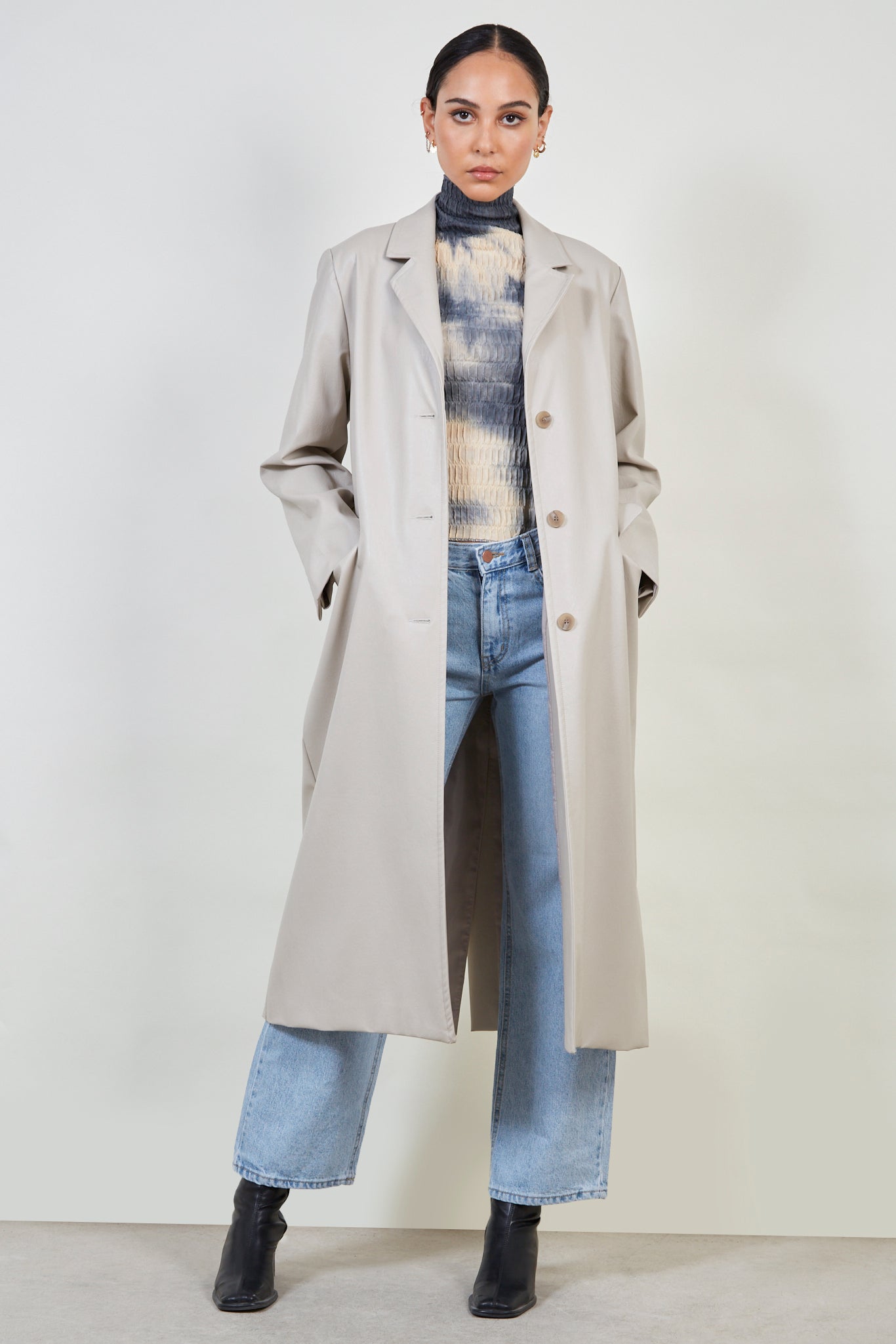 Ivory vegan leather tailored coat