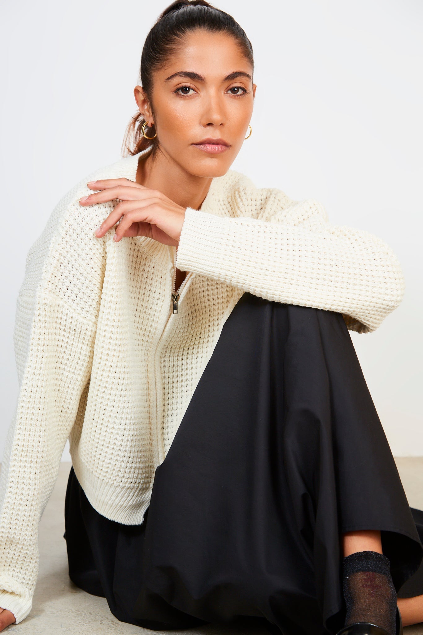 Ivory waffle knit zip cardigan_5