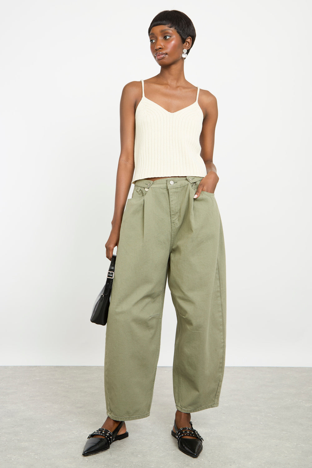 Khaki adjustable waist balloon leg trousers_4