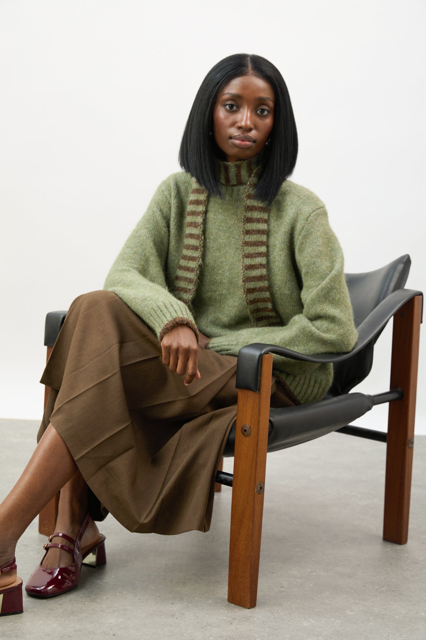 Khaki and brown wool blend striped tiny scarf jumper_5