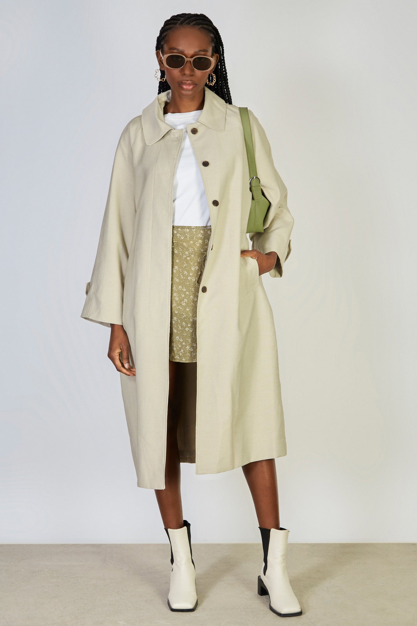 Khaki beige single breasted linen blend trench coat_2