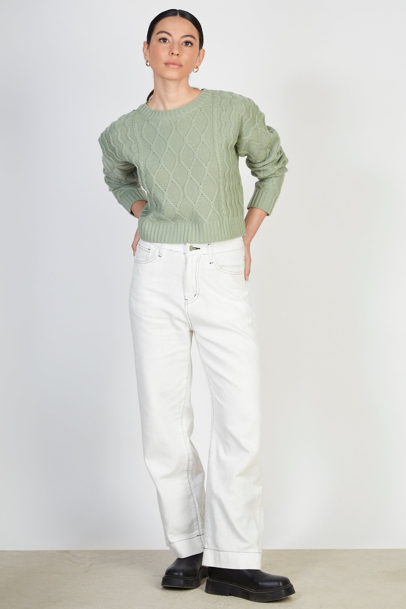Khaki diamond weave cableknit washed jumper_4