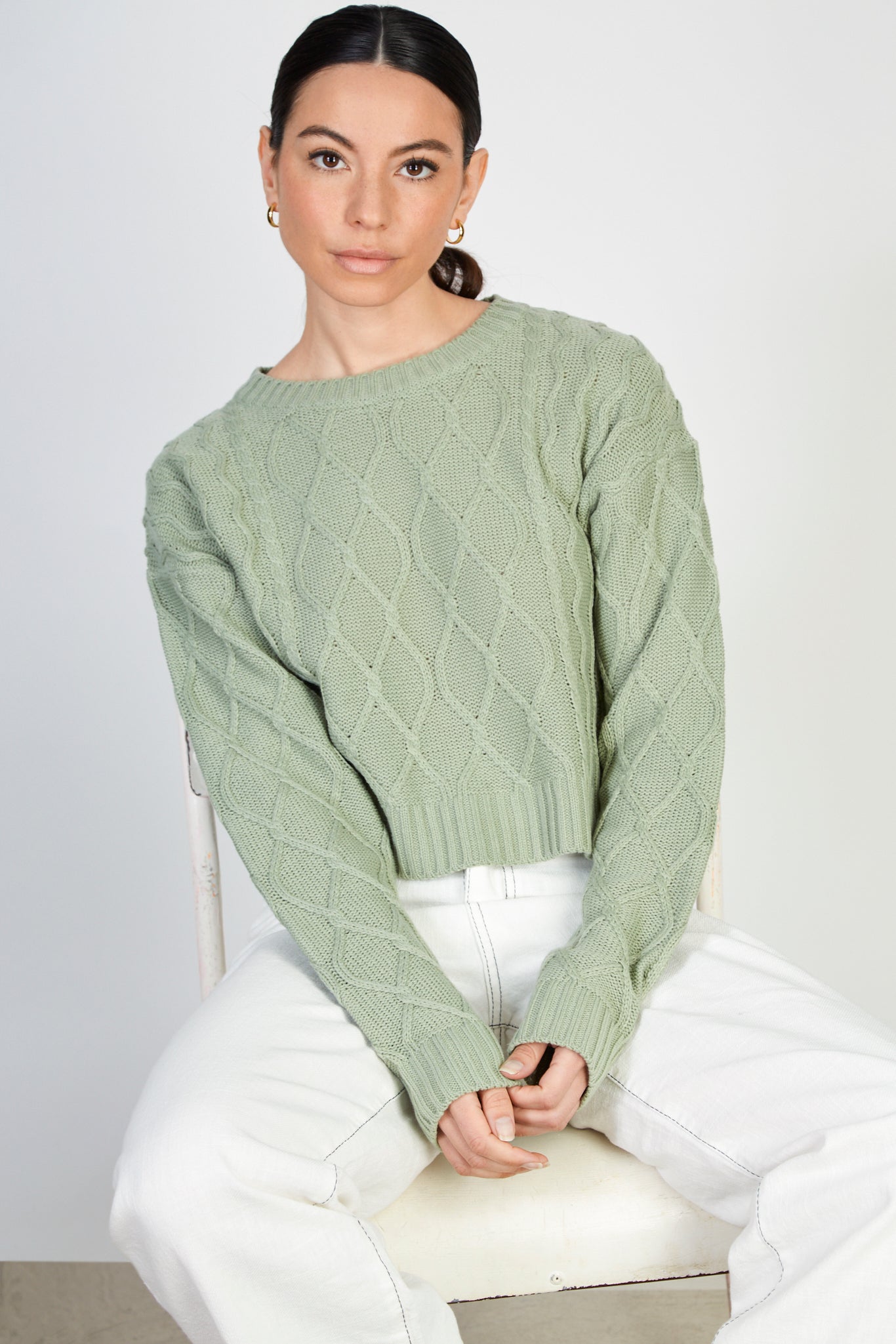 Khaki diamond weave cableknit washed jumper_5