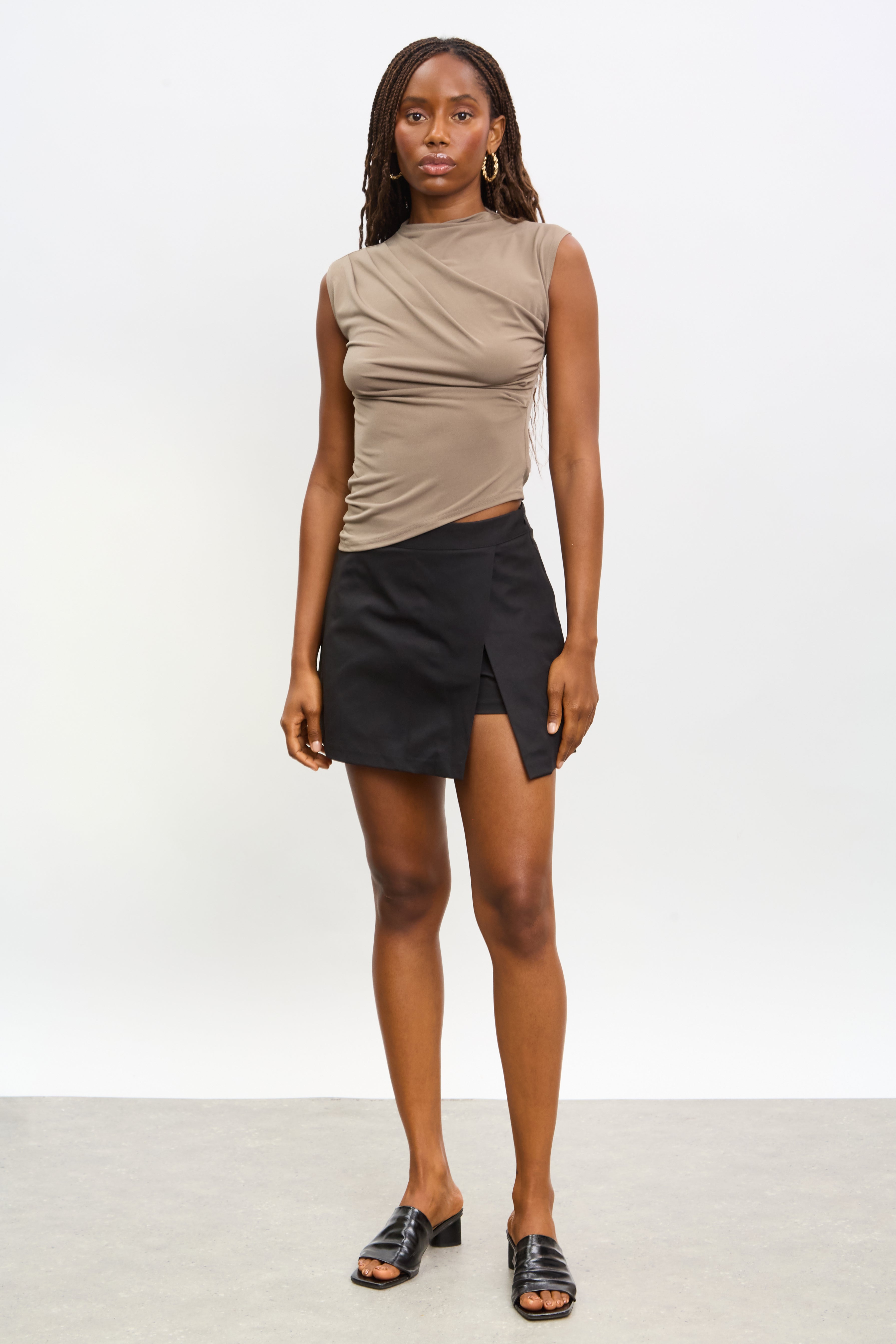 Khaki draped front sleeveless top_4