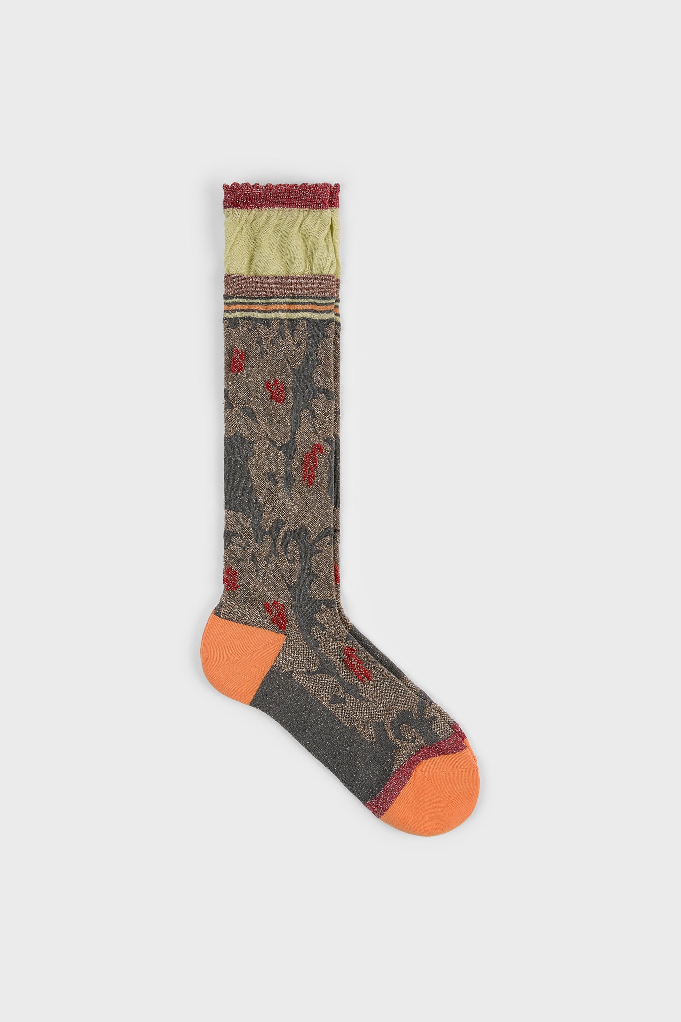 Khaki metallic floral orange heeled varsity trim cuffed socks_1