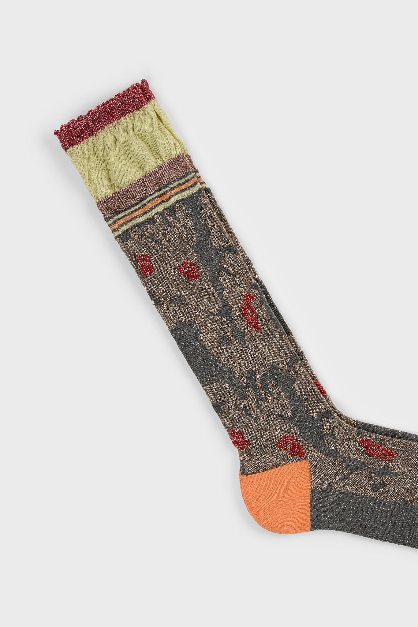 Khaki metallic floral orange heeled varsity trim cuffed socks_2