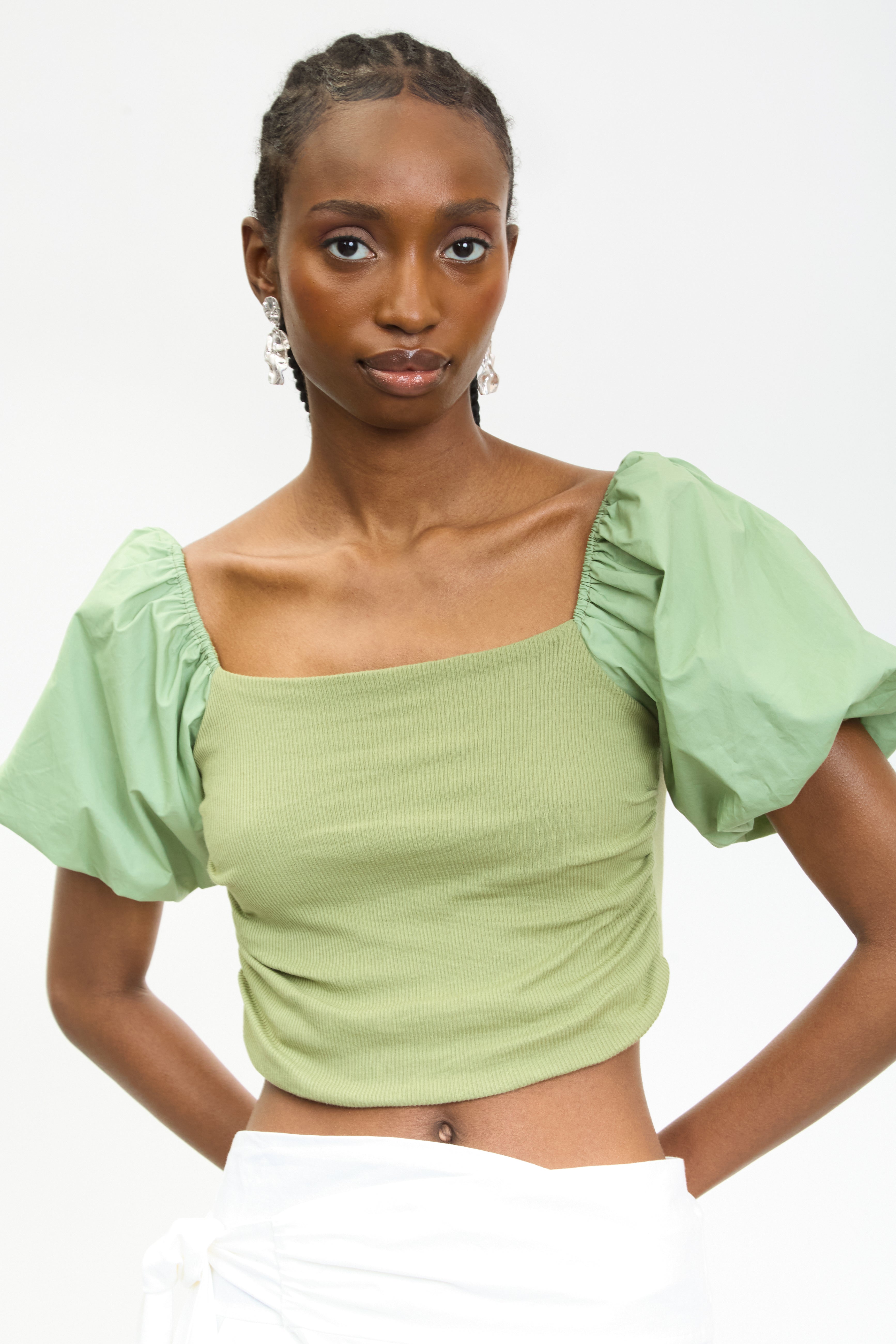 Khaki ribbed jersey contrast puff sleeve top_1