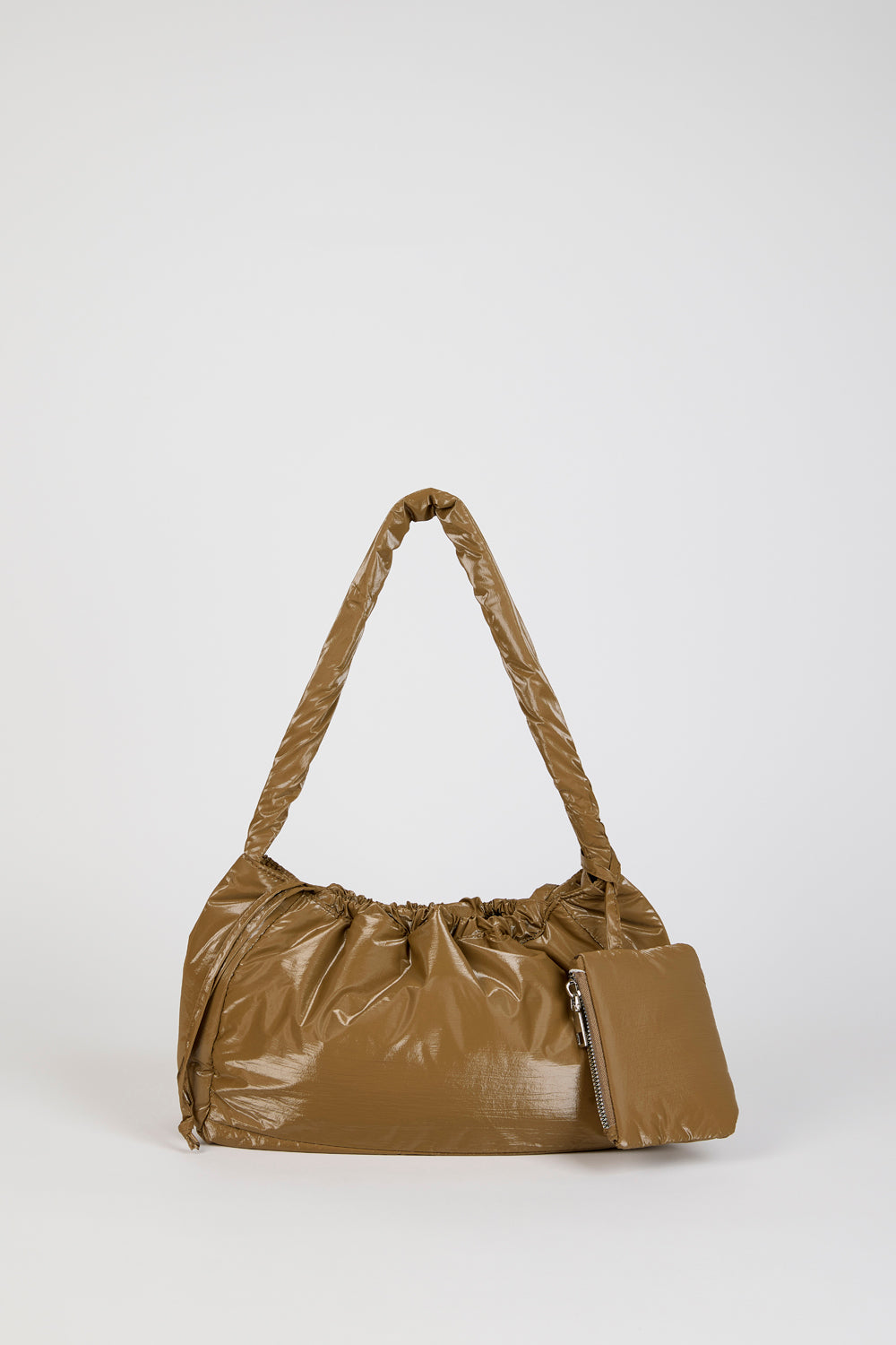 Khaki shiny puffer shoulder bag_1