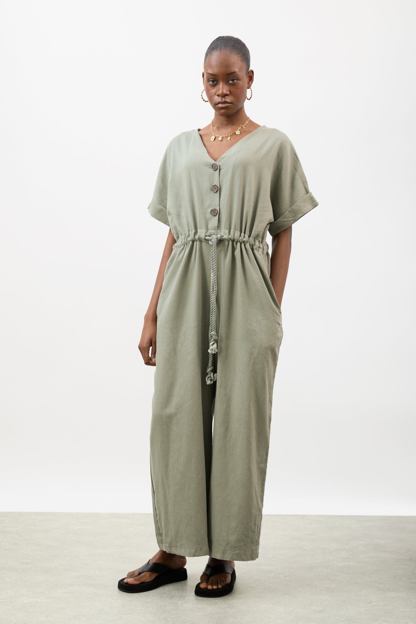 Khaki short sleeve rope waist jumpsuit_2