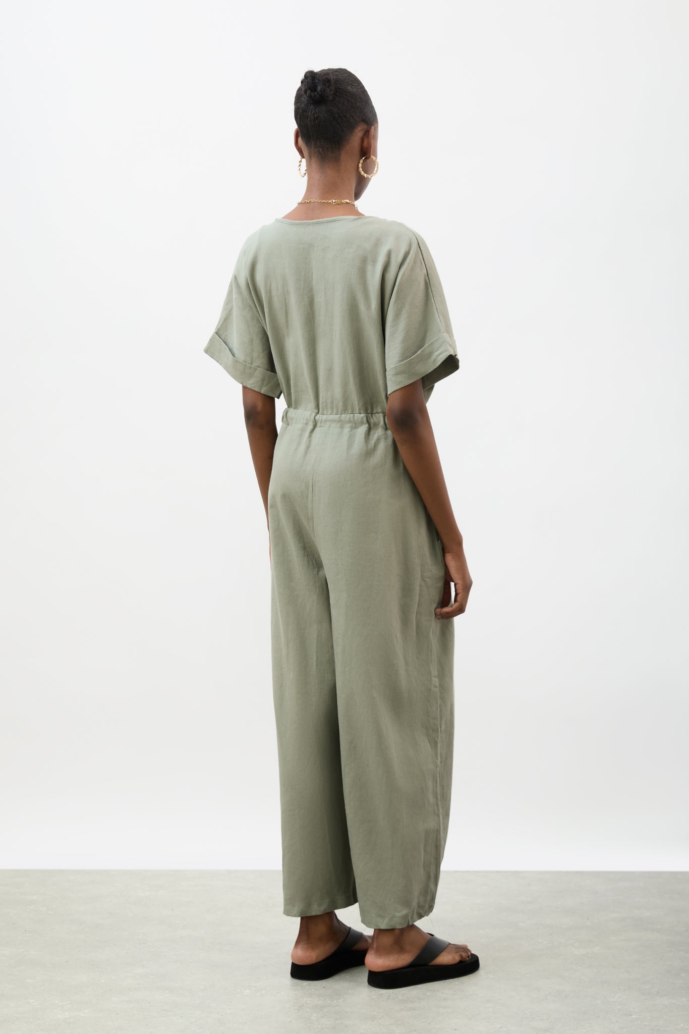 Khaki short sleeve rope waist jumpsuit_3