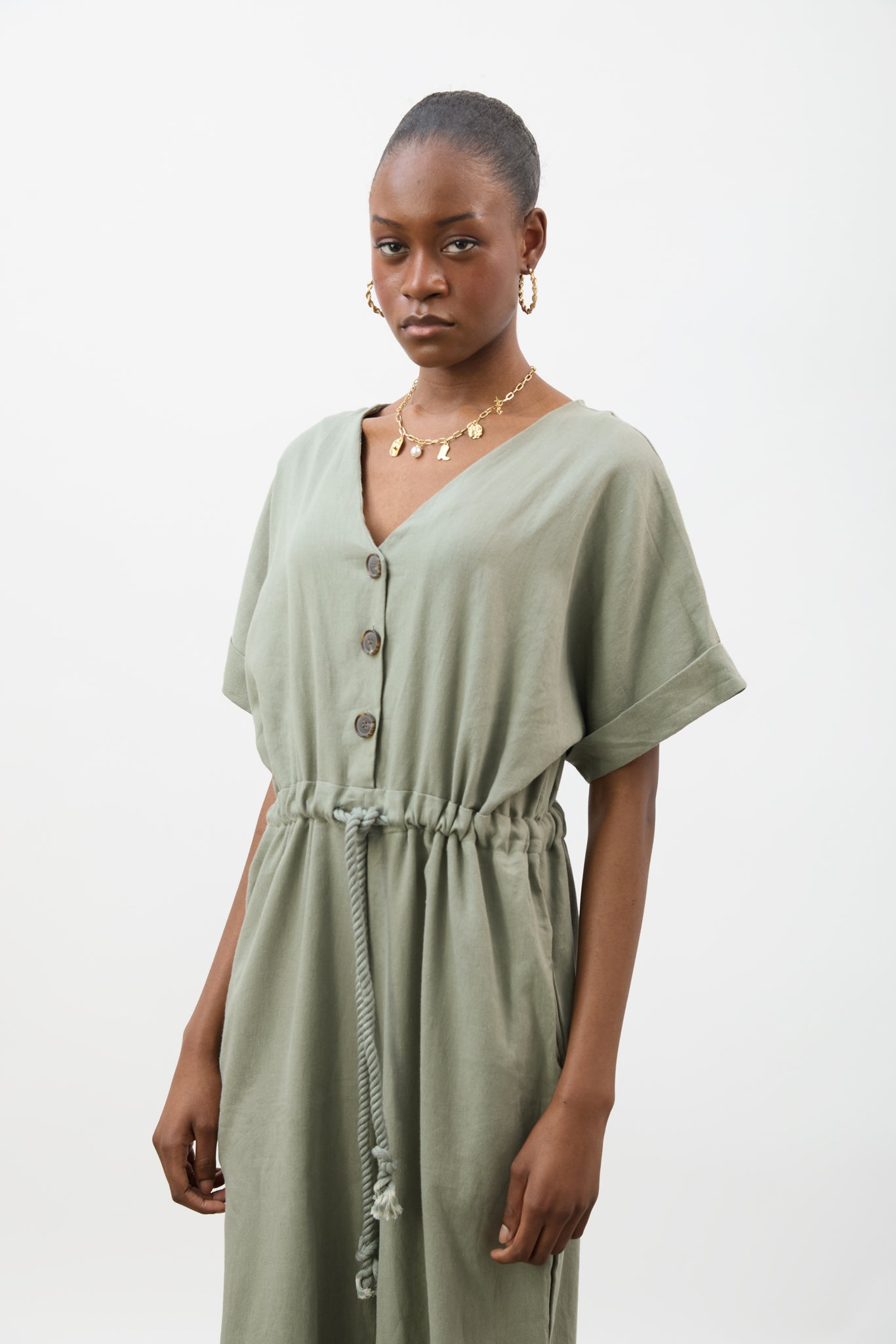Khaki short sleeve rope waist jumpsuit_4