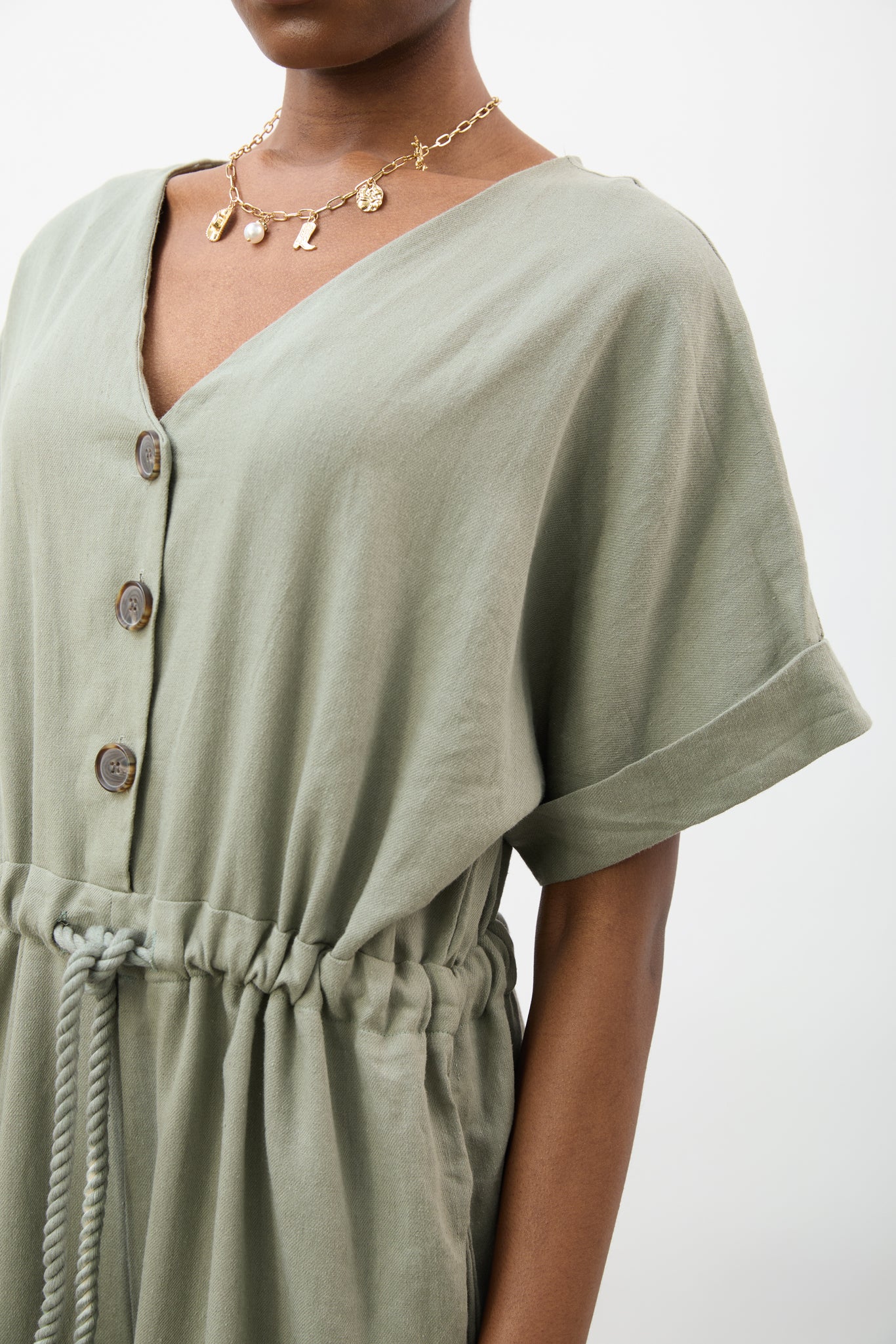 Khaki short sleeve rope waist jumpsuit_5