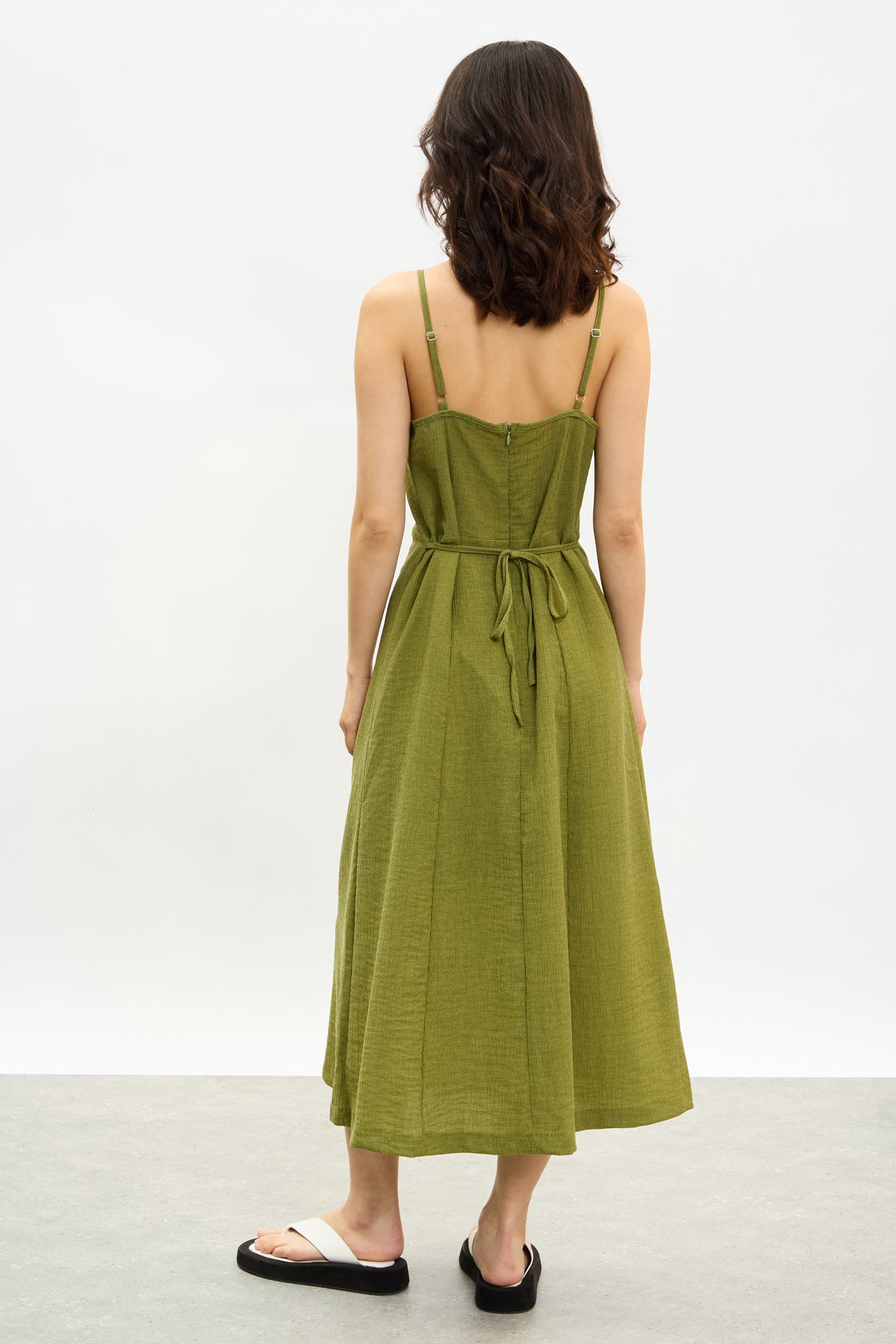 Khaki tie waist thin strap midi dress_2