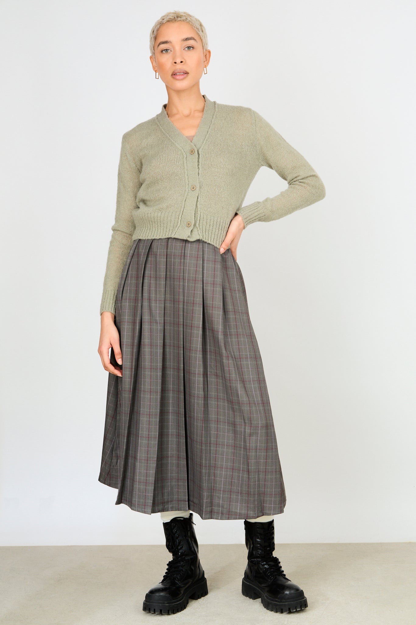 Khaki wool blend button front cardigan_4