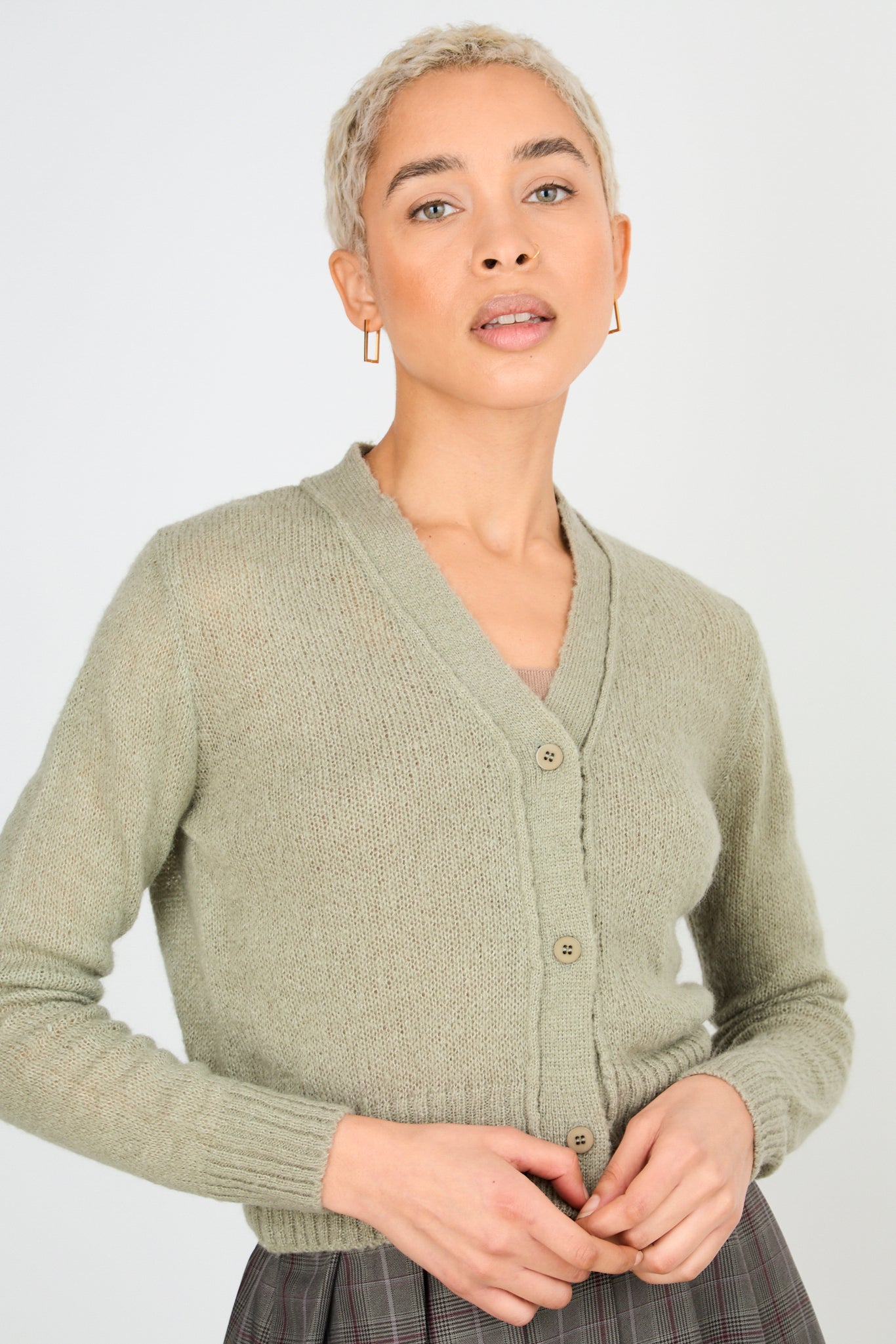 Khaki wool blend button front cardigan_1